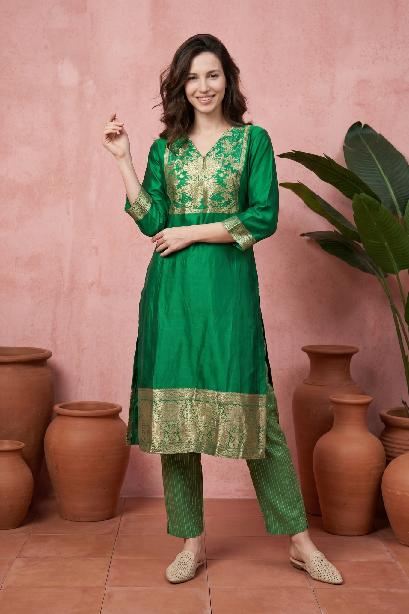 Green Silk Kurti Set with Zari Woven Detailing