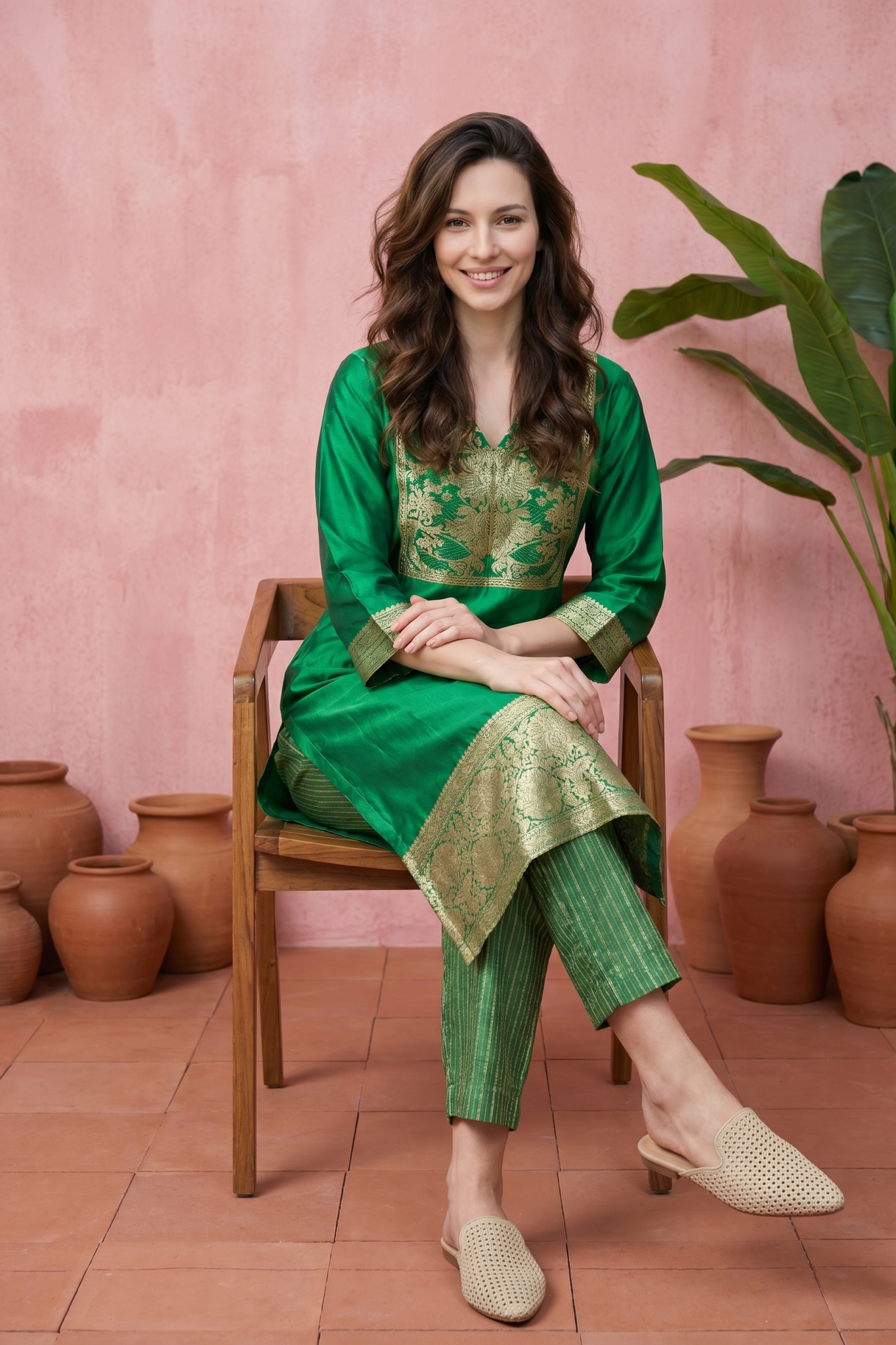 Green Silk Kurti Set with Zari Woven Detailing