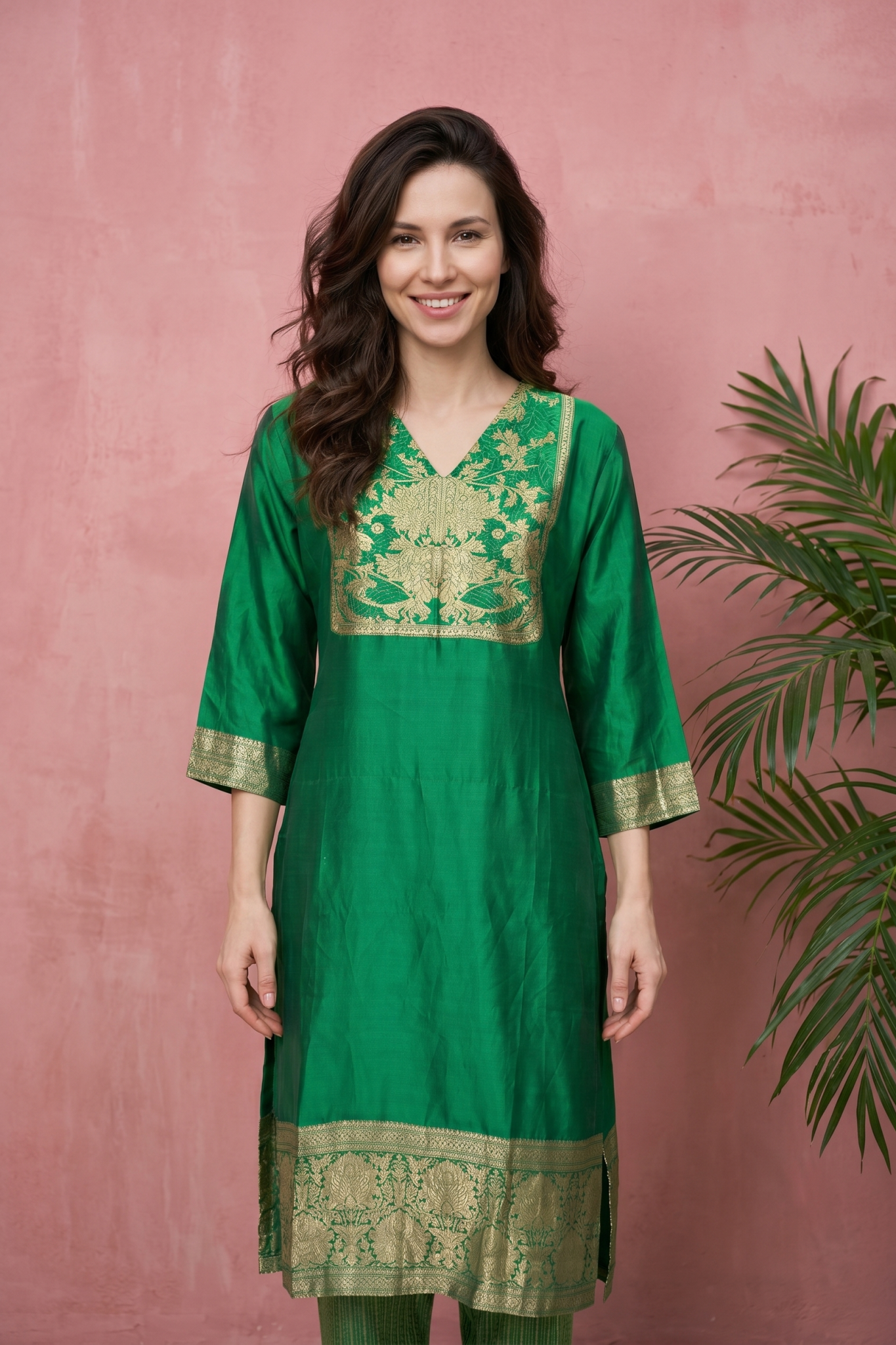 Green Silk Kurti Set with Zari Woven Detailing
