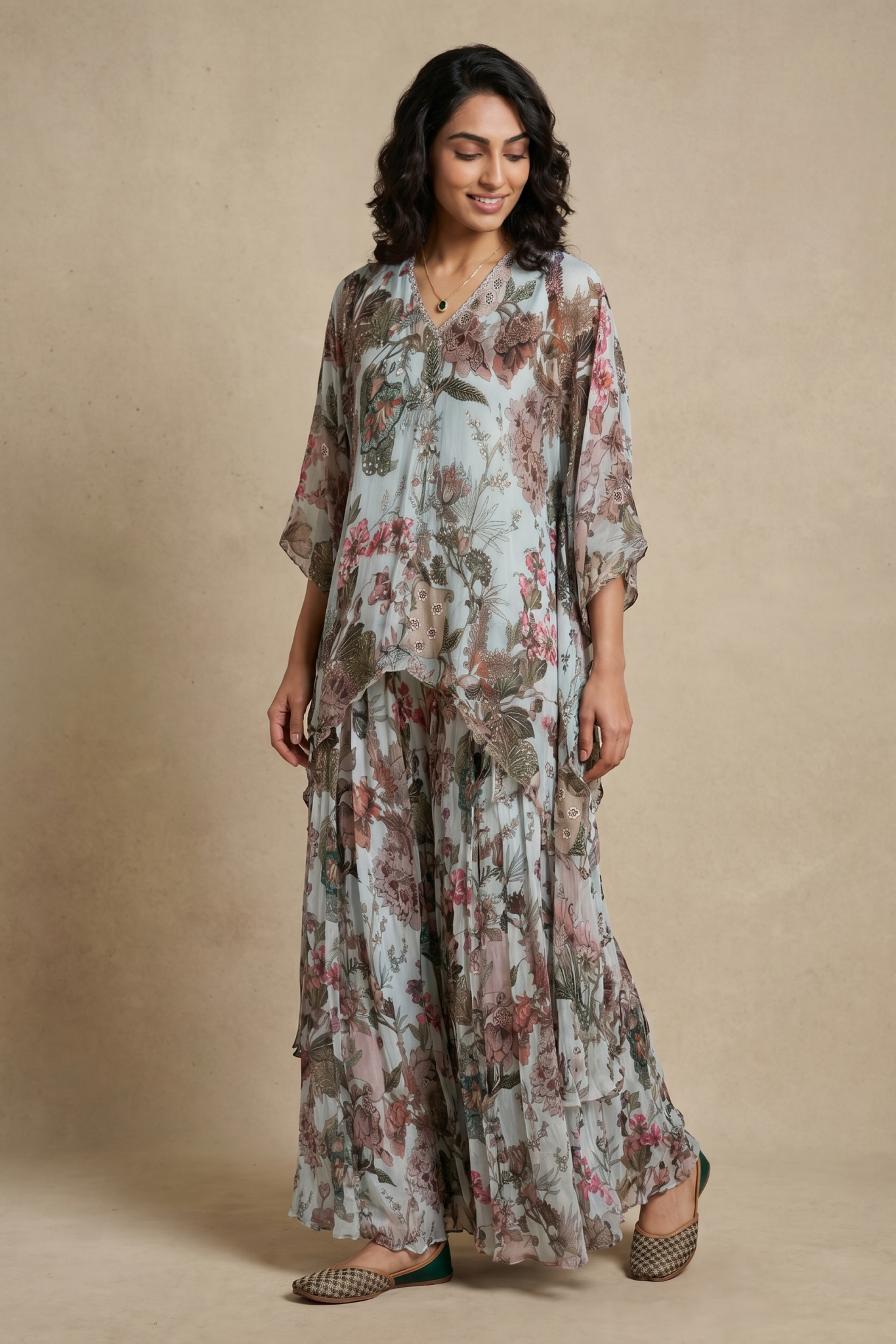 Pastel Floral Cape Palazzo Set