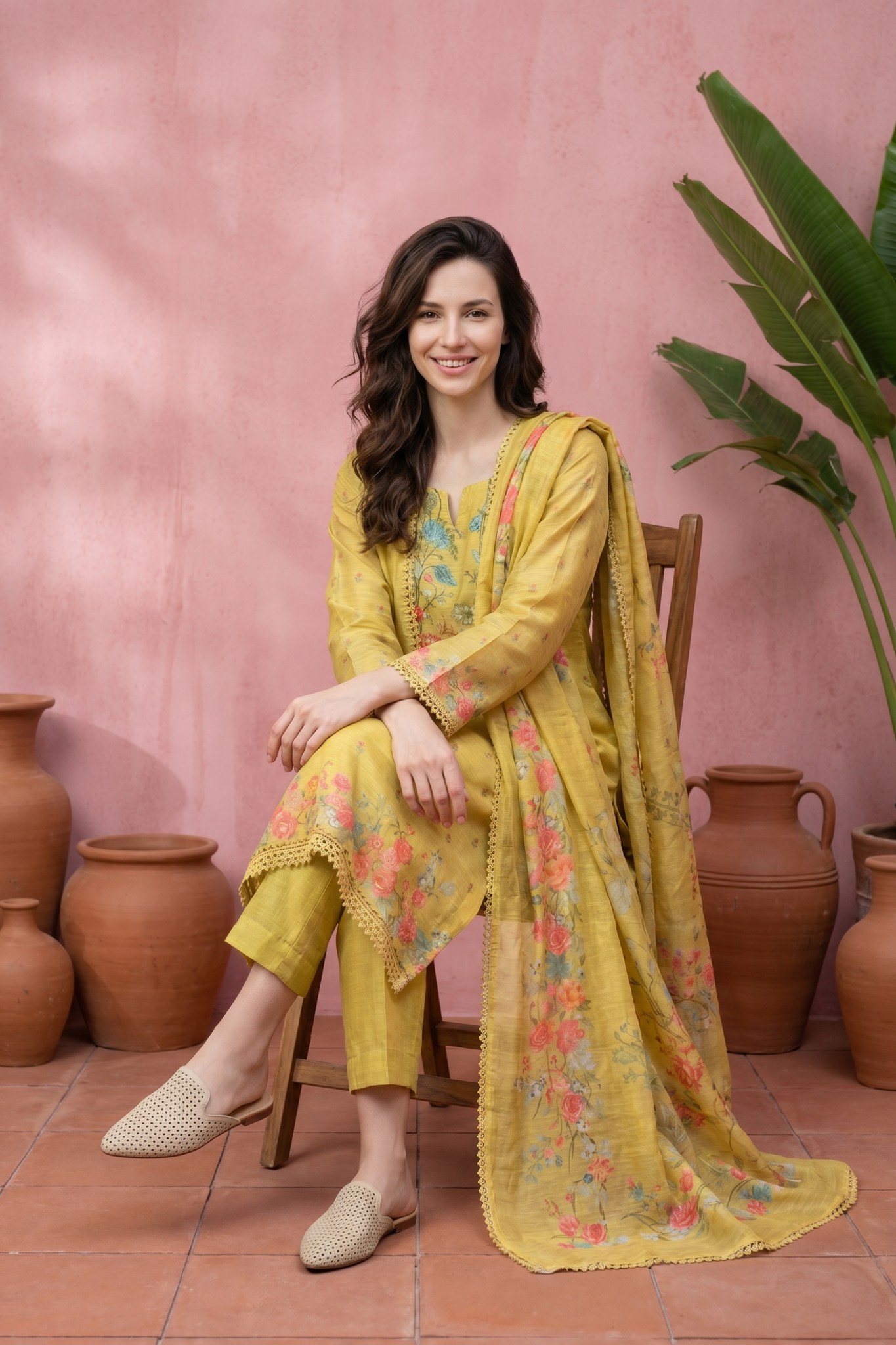 Mustard Floral Cotton Suit Set
