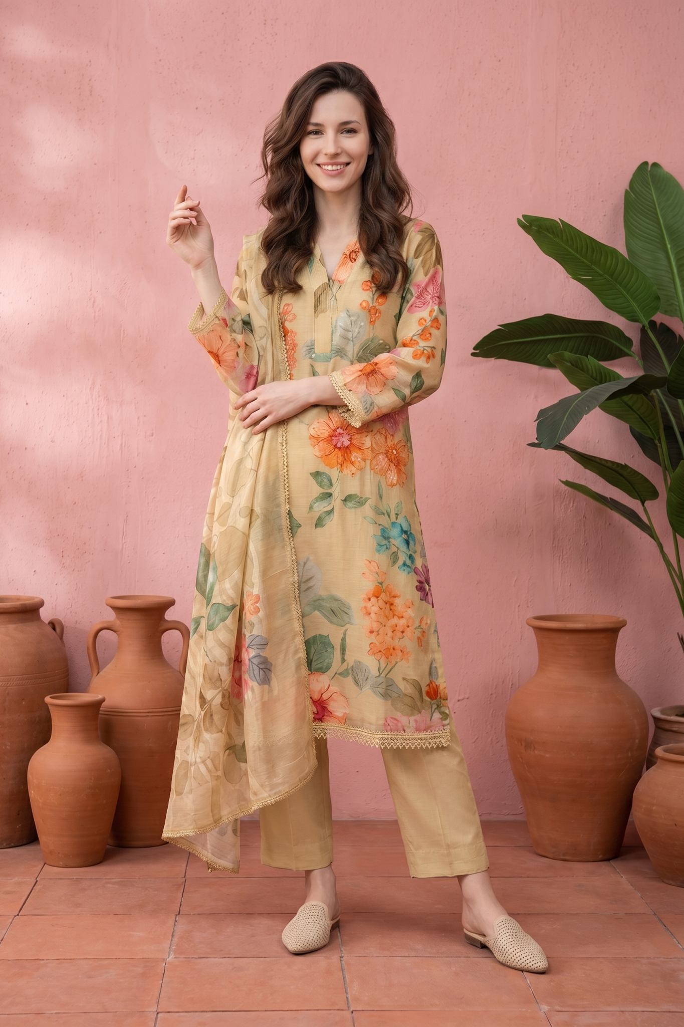 Beige Floral Printed Suit Set