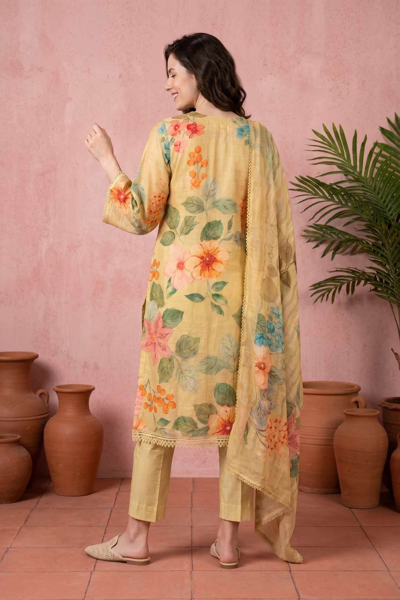Beige Floral Printed Suit Set