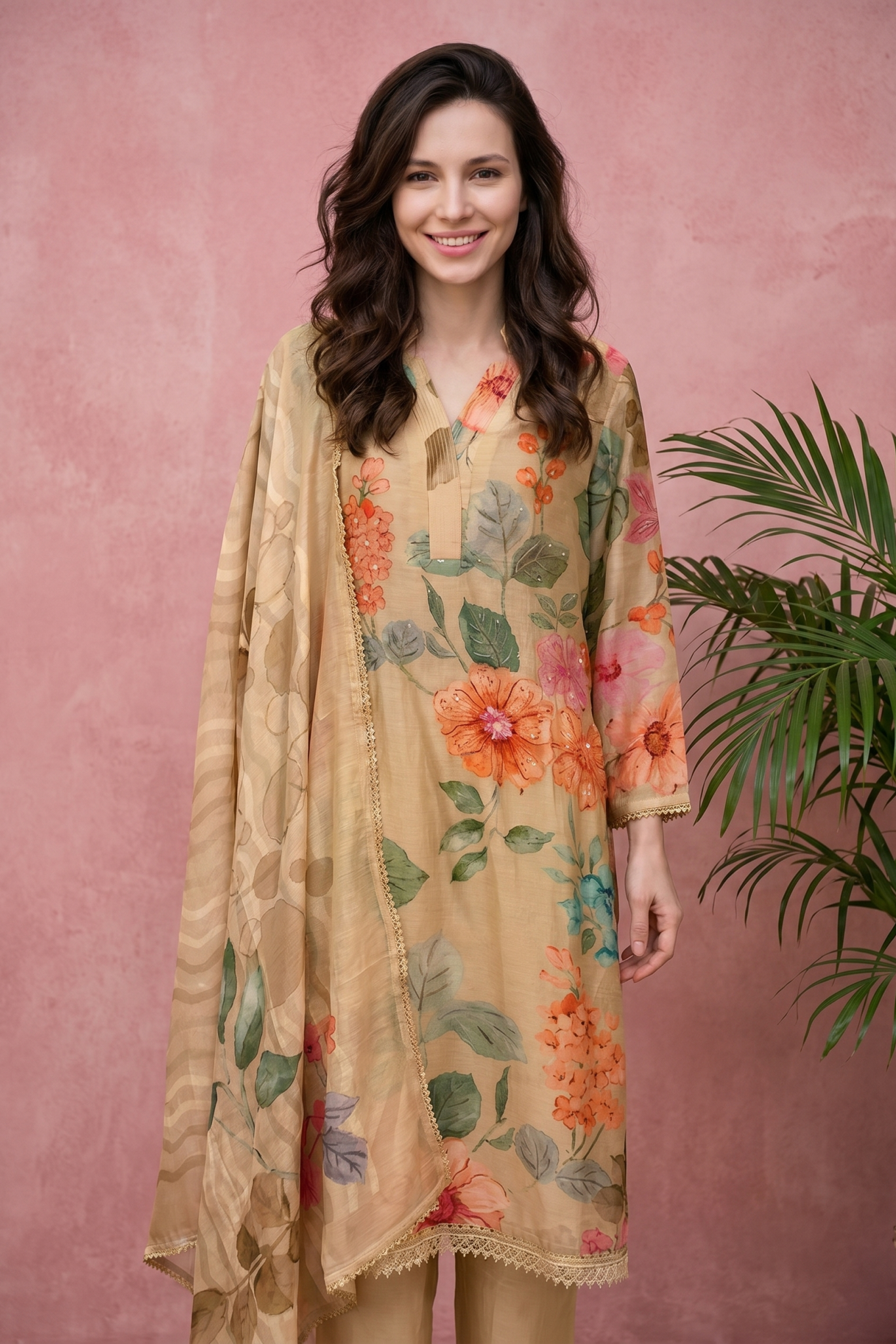 Beige Floral Printed Suit Set