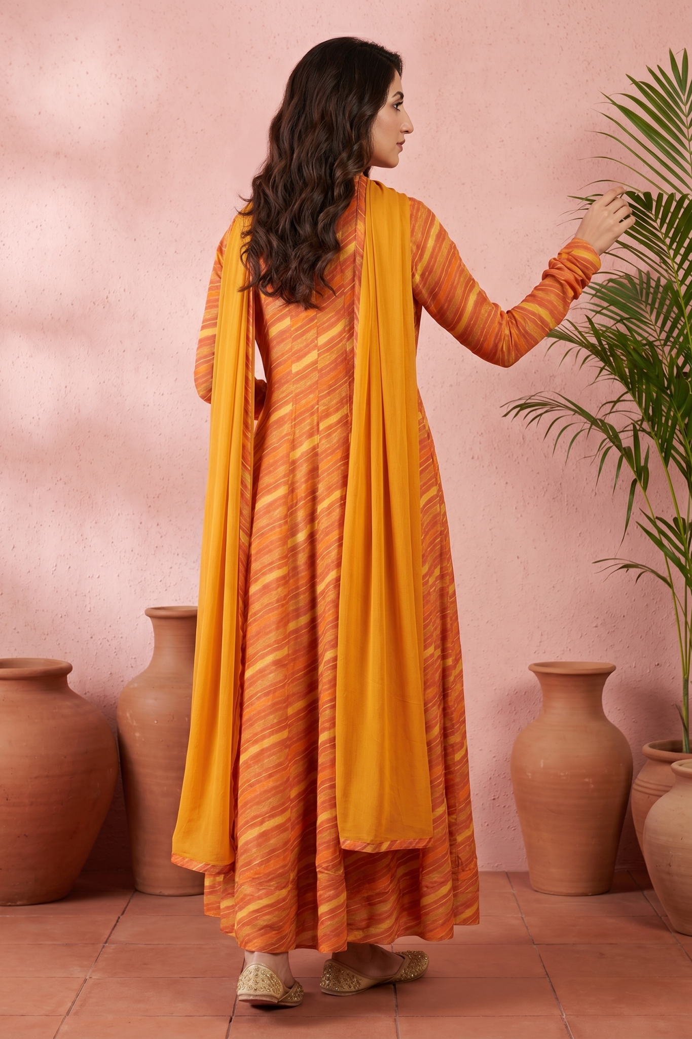 Sunset Orange Leheriya Anarkali Set