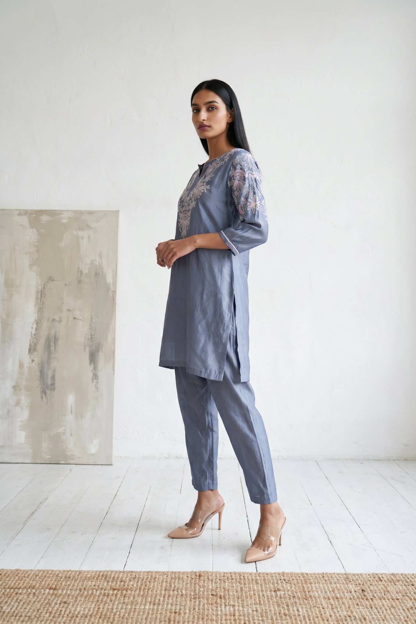 Dusty Blue Embroidered Kurta Set