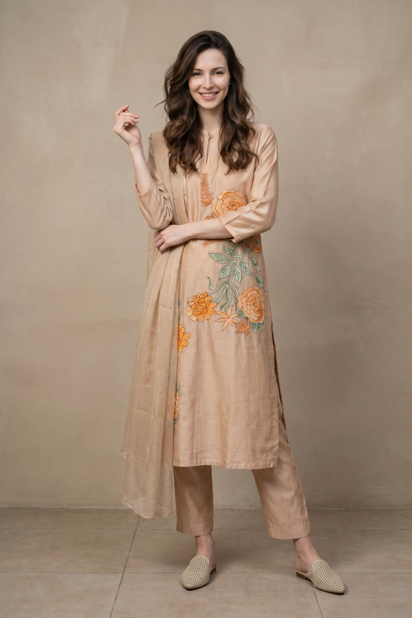 Peach Floral Embroidered Salwar Set