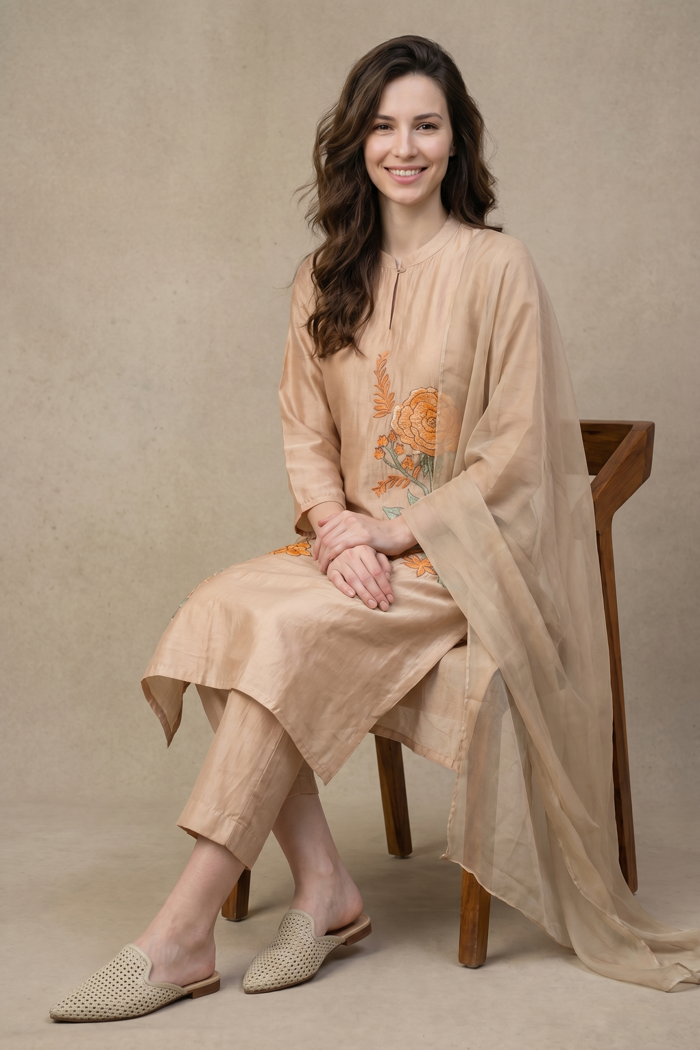Peach Floral Embroidered Salwar Set