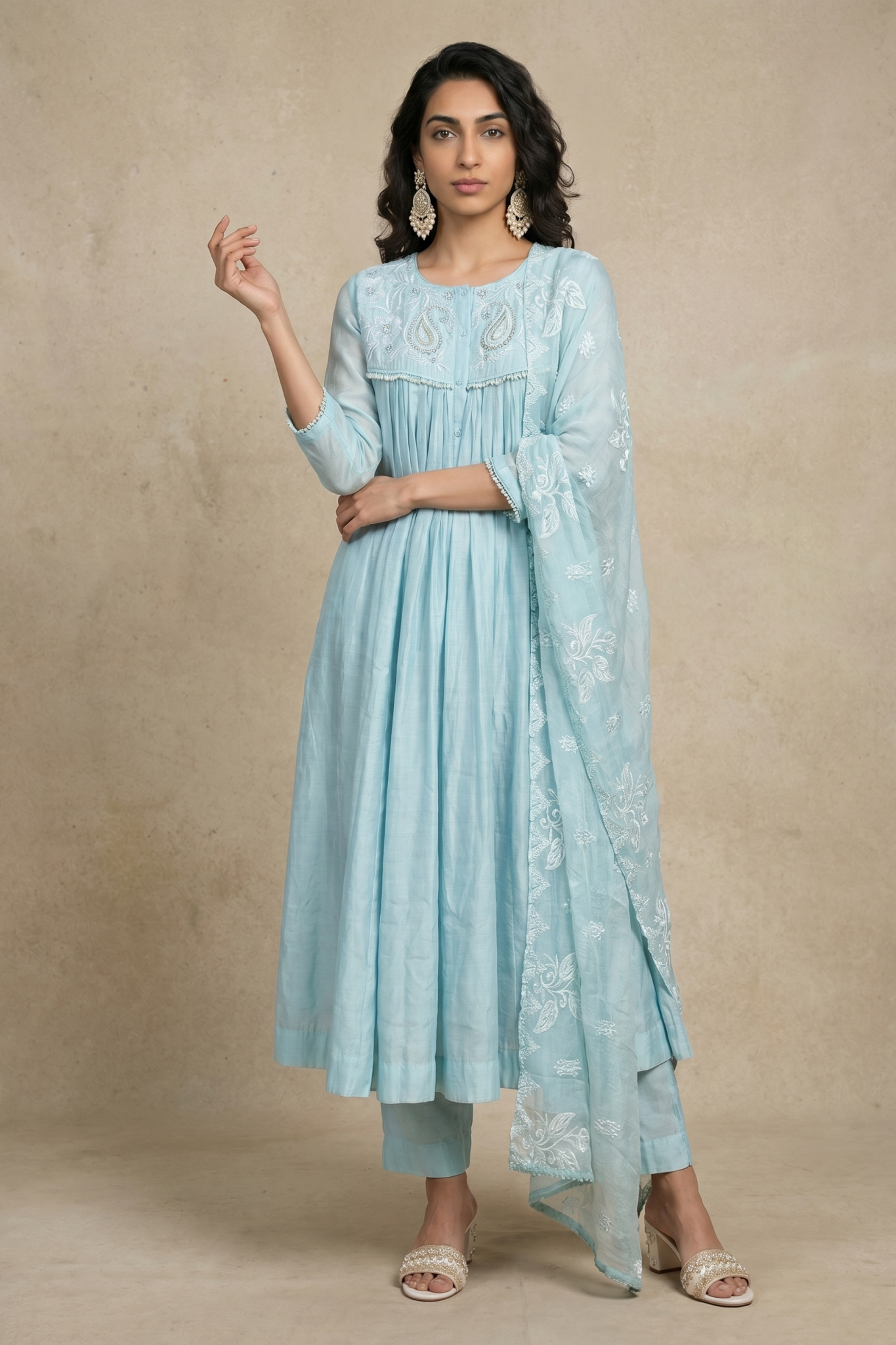 Powder Blue Cotton Anarkali Set