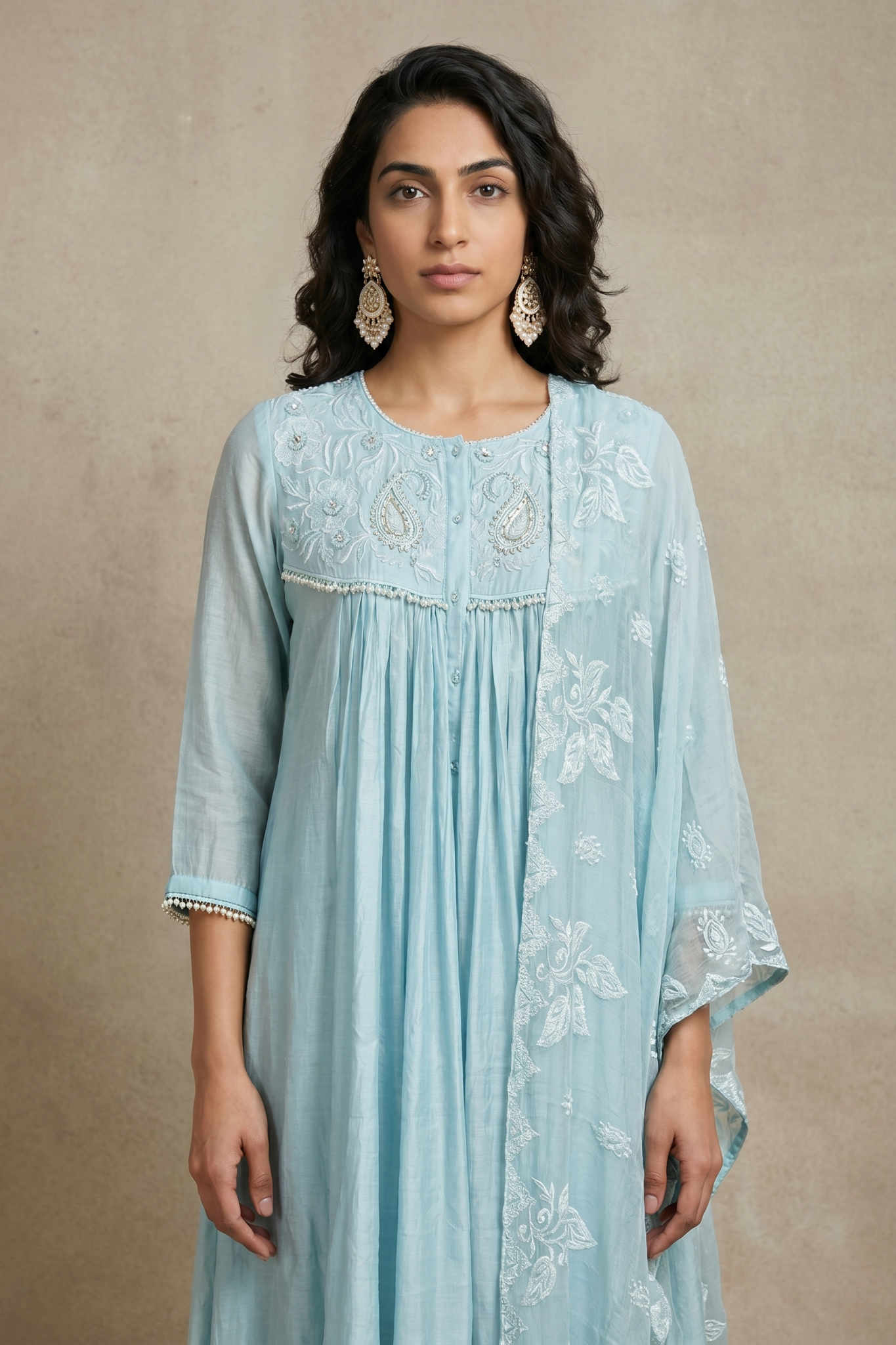 Powder Blue Cotton Anarkali Set