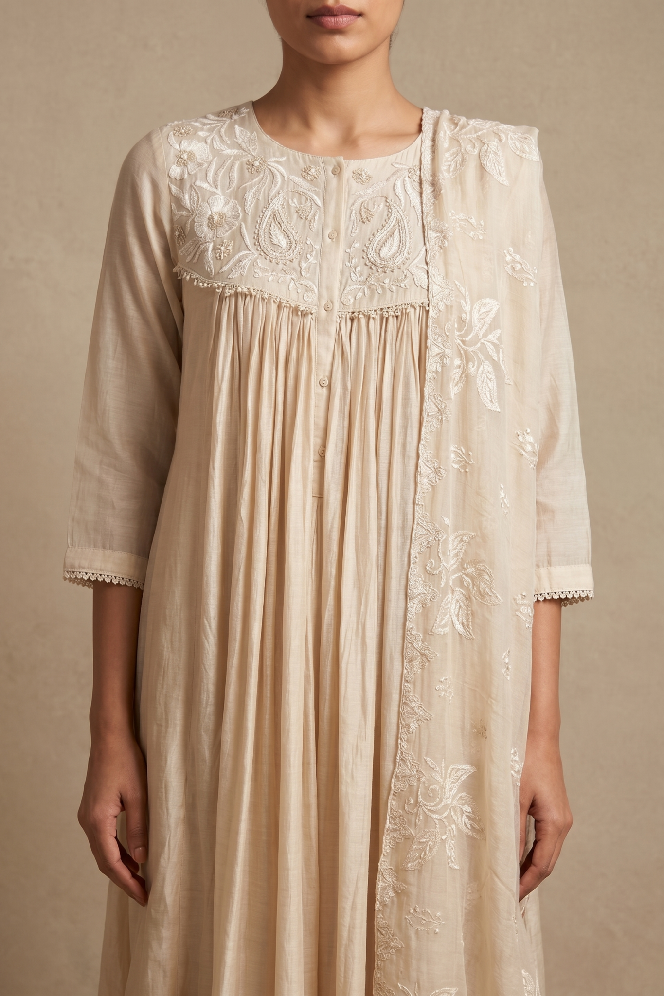Ivory Beige Cotton Anarkali Set