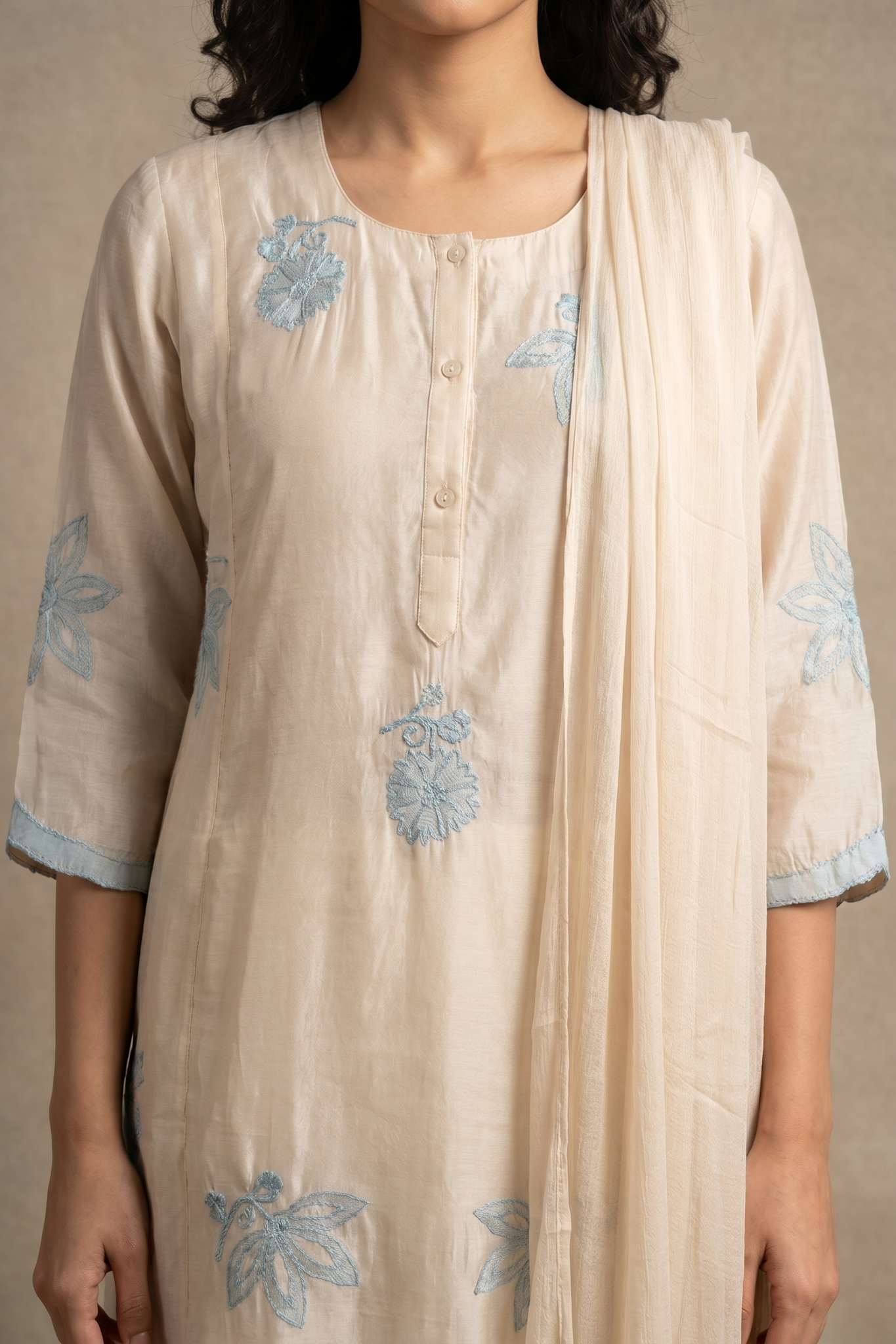 Off White Floral Embroidered Cotton Salwar Set