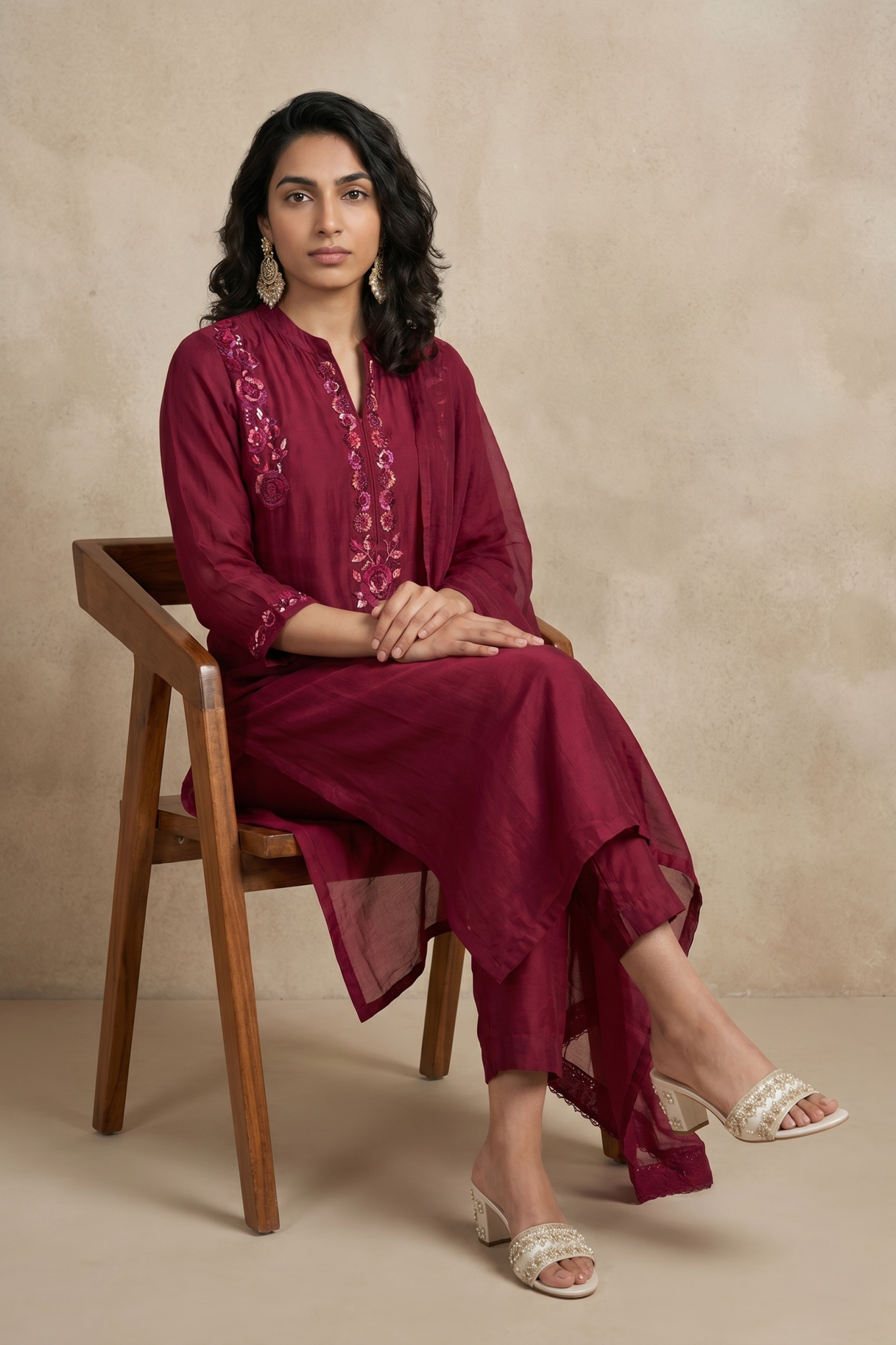 Maroon Embroidered Mulmul Cotton Straight-Cut Salwar Set