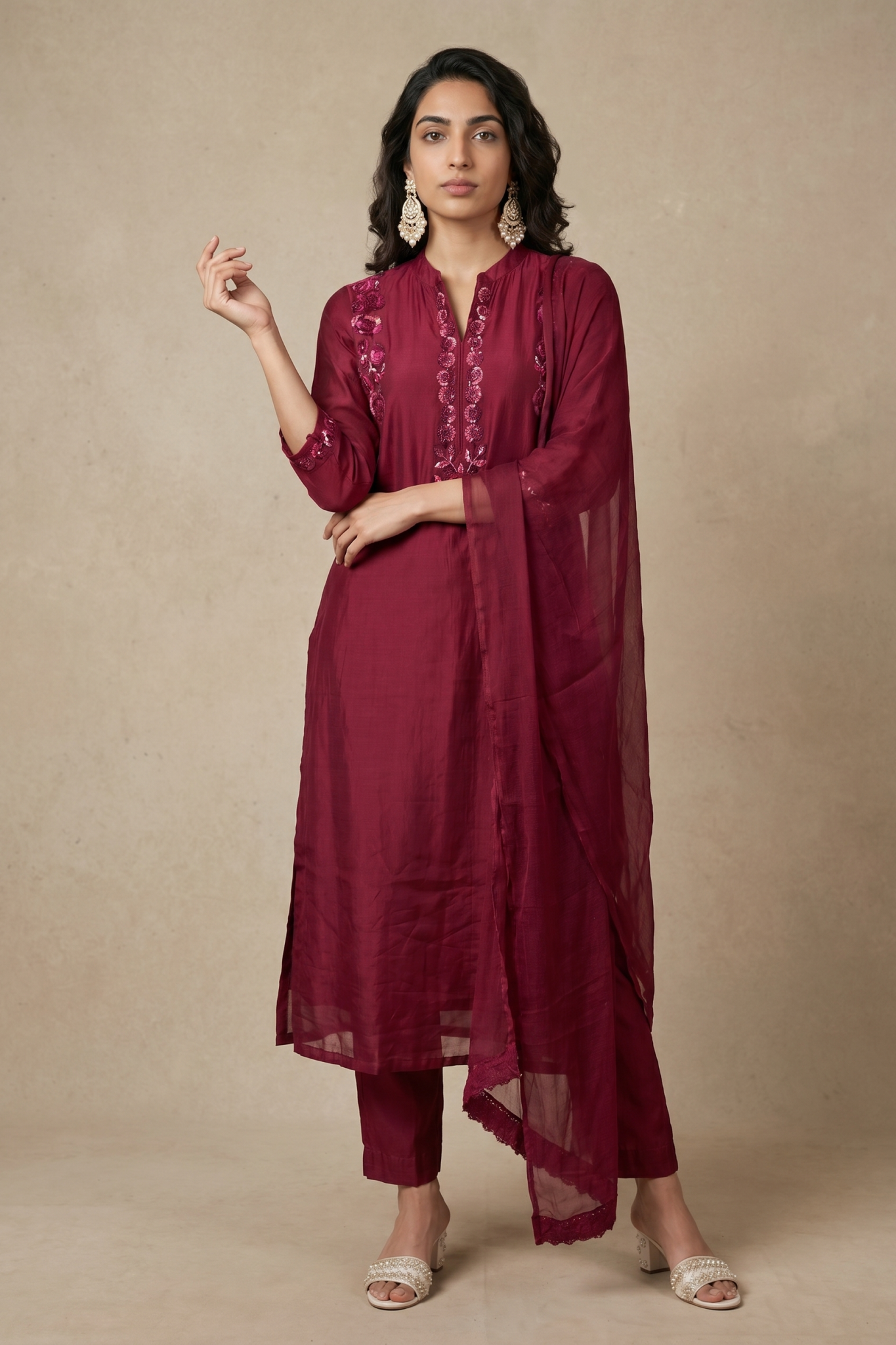 Maroon Embroidered Mulmul Cotton Straight-Cut Salwar Set