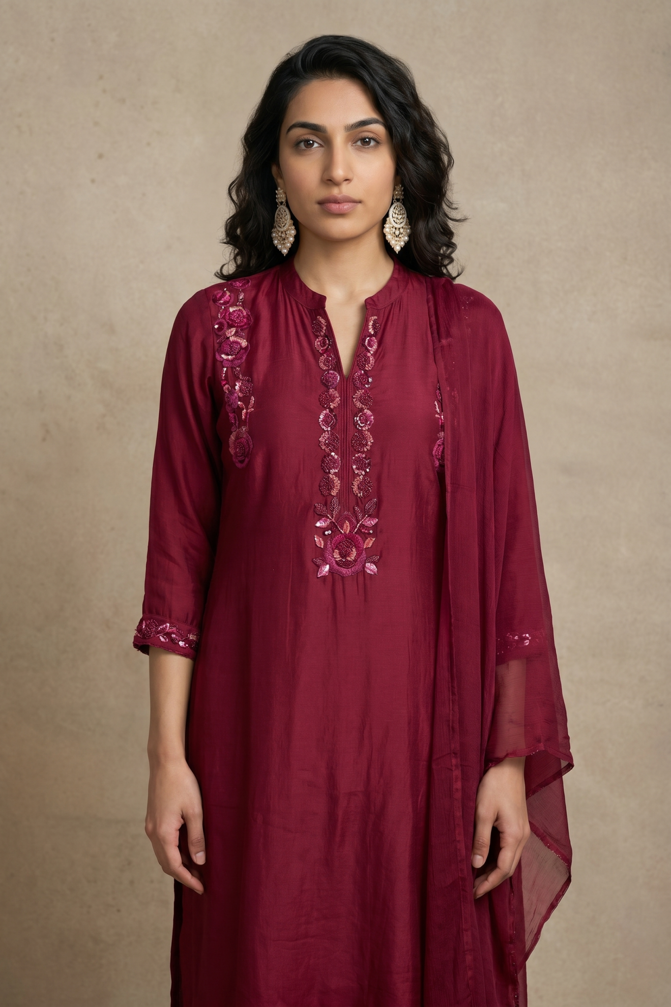 Maroon Embroidered Mulmul Cotton Straight-Cut Salwar Set