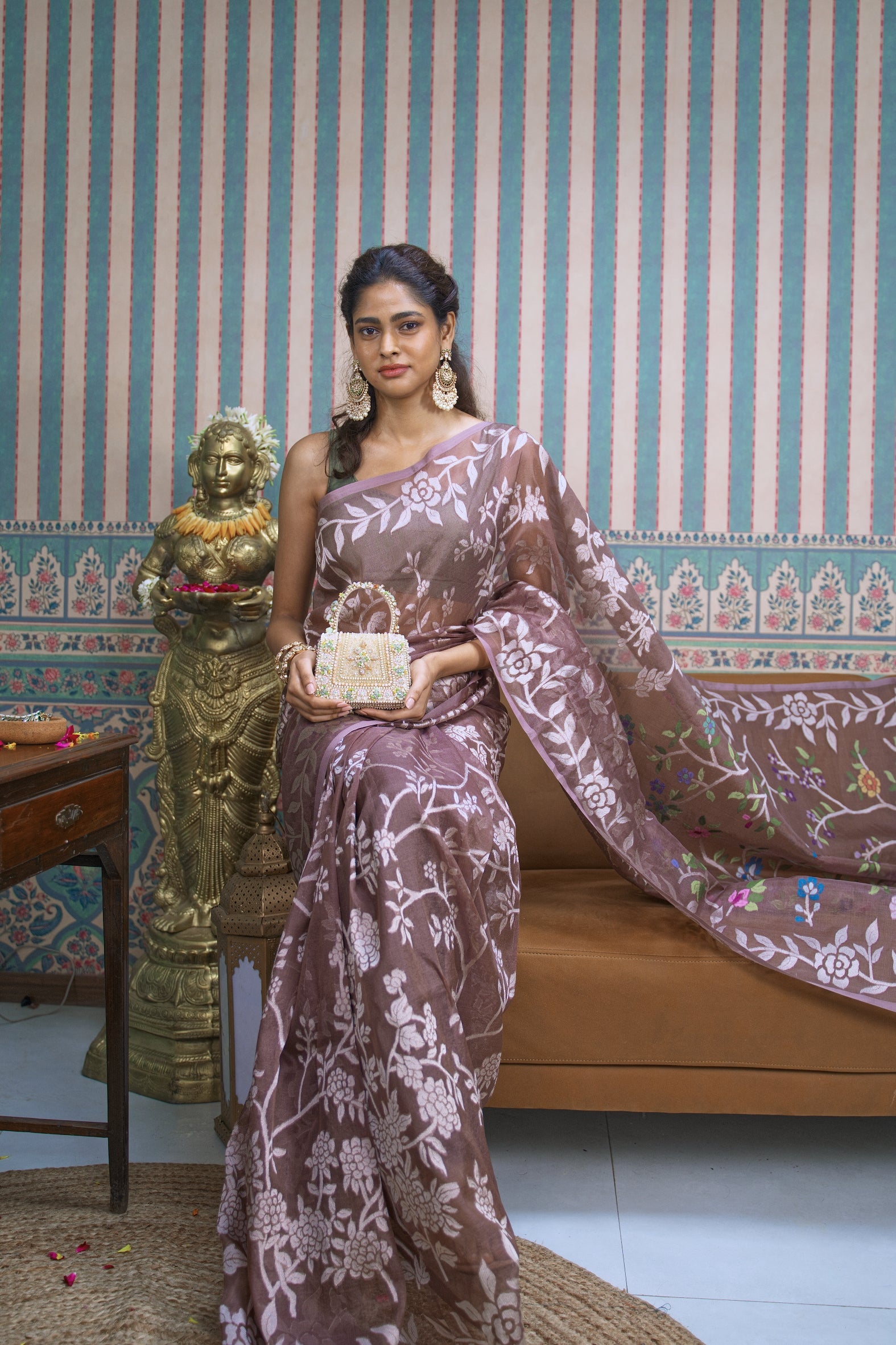 Brown Banarasi Kora Silk Jamdani Saree
