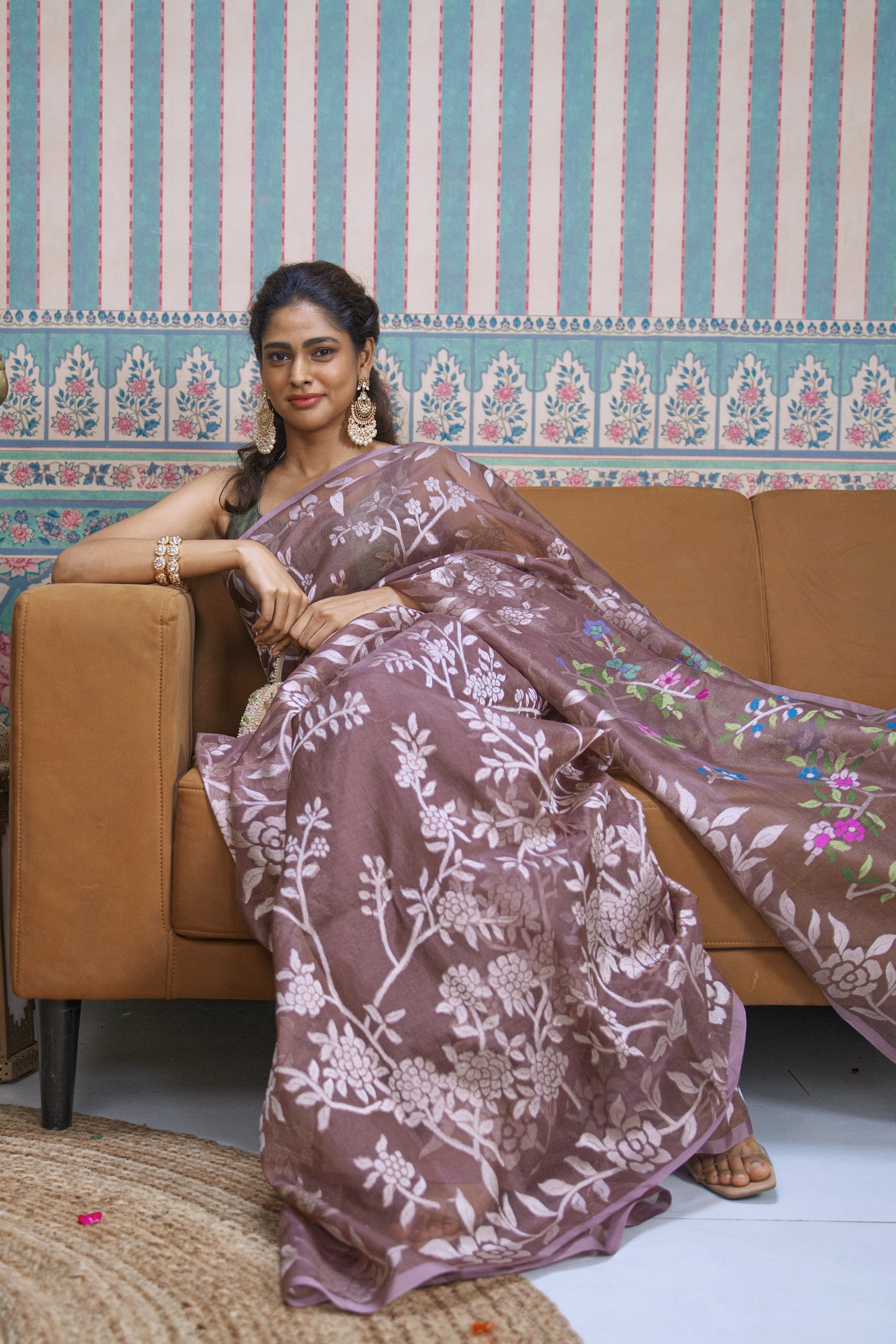 Brown Banarasi Kora Silk Jamdani Saree
