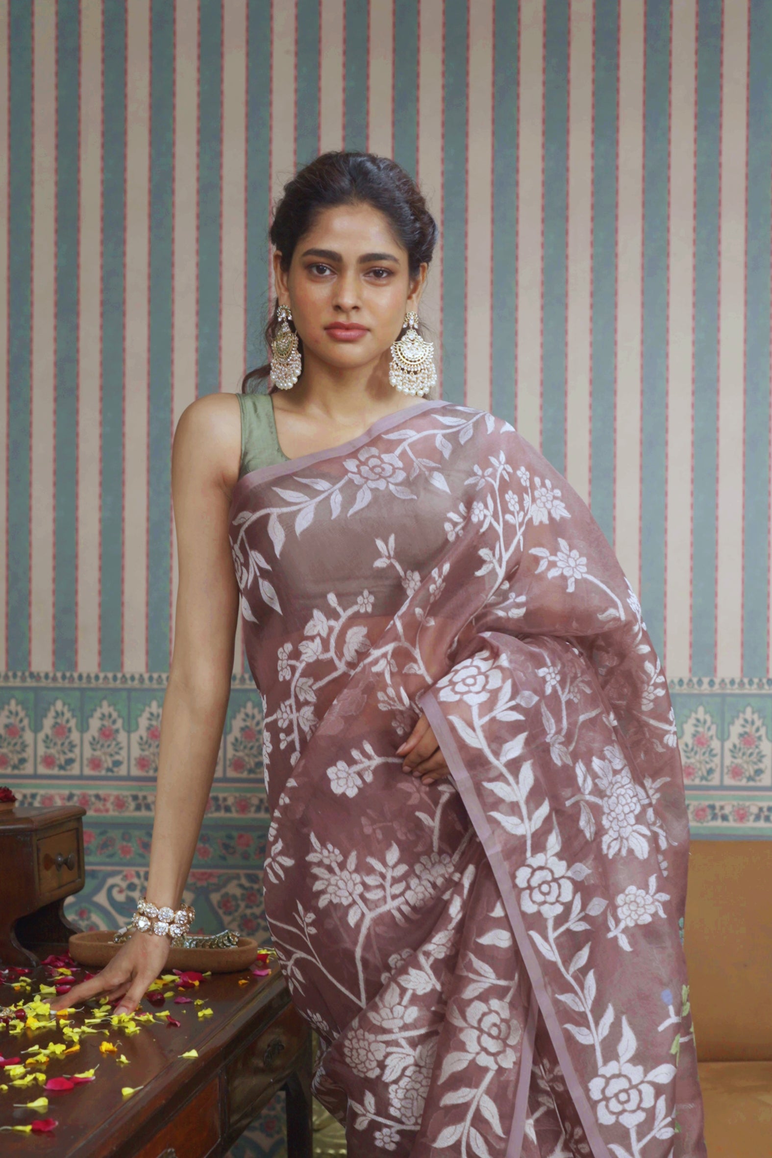 Brown Banarasi Kora Silk Jamdani Saree