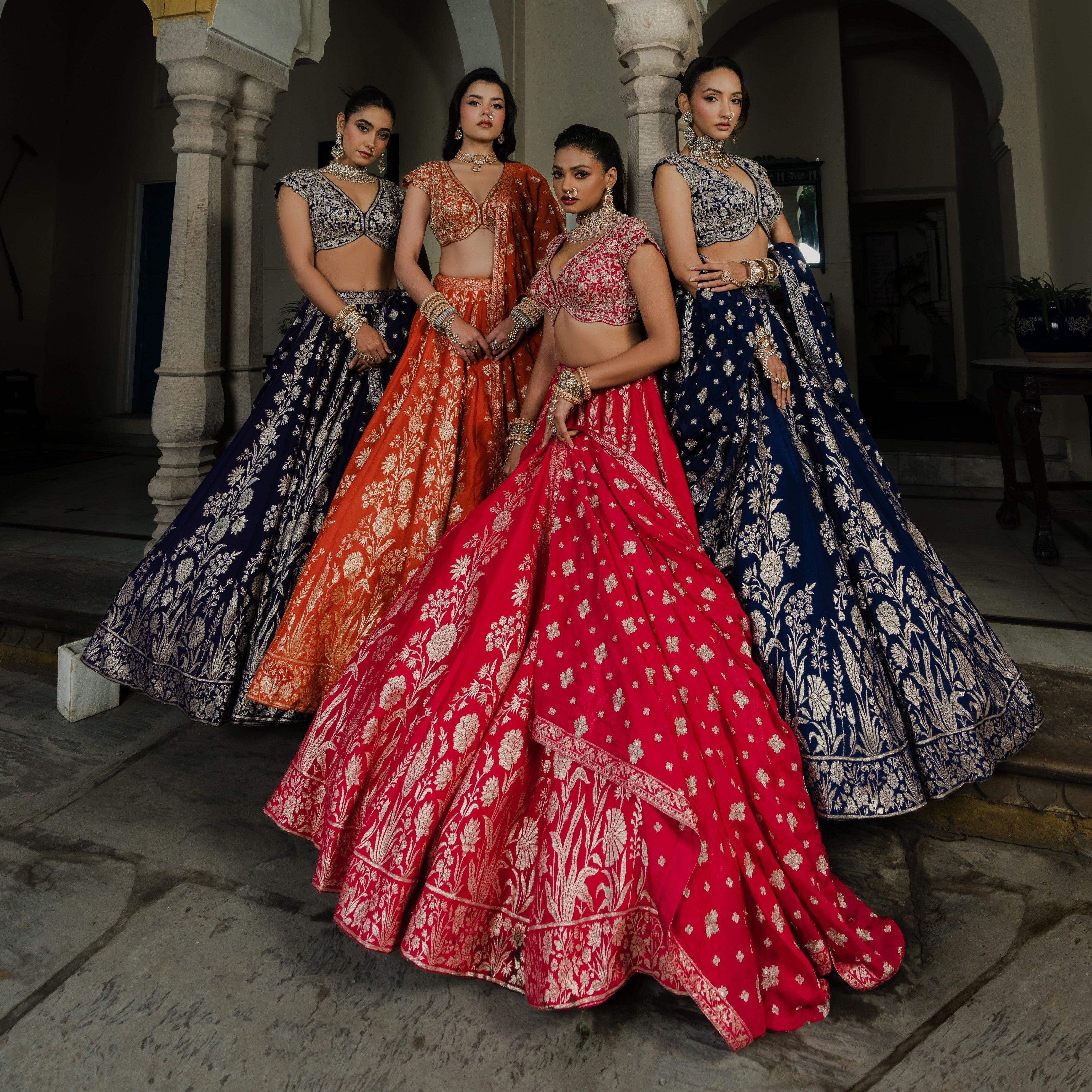 Rust Silk Lehenga Set with Silver Zari Embroidery - Mokshaa