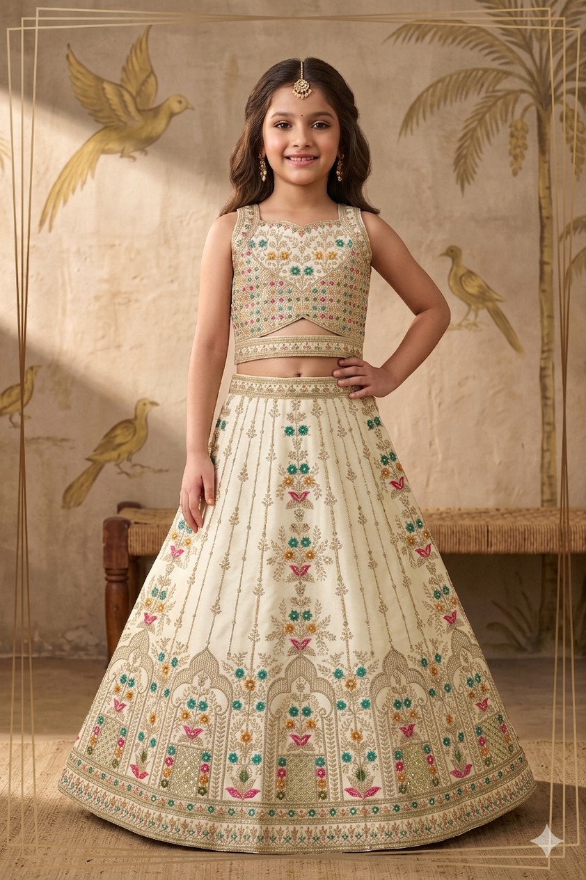 Ivory Lehenga Set with Multicolour Floral Embroidery
