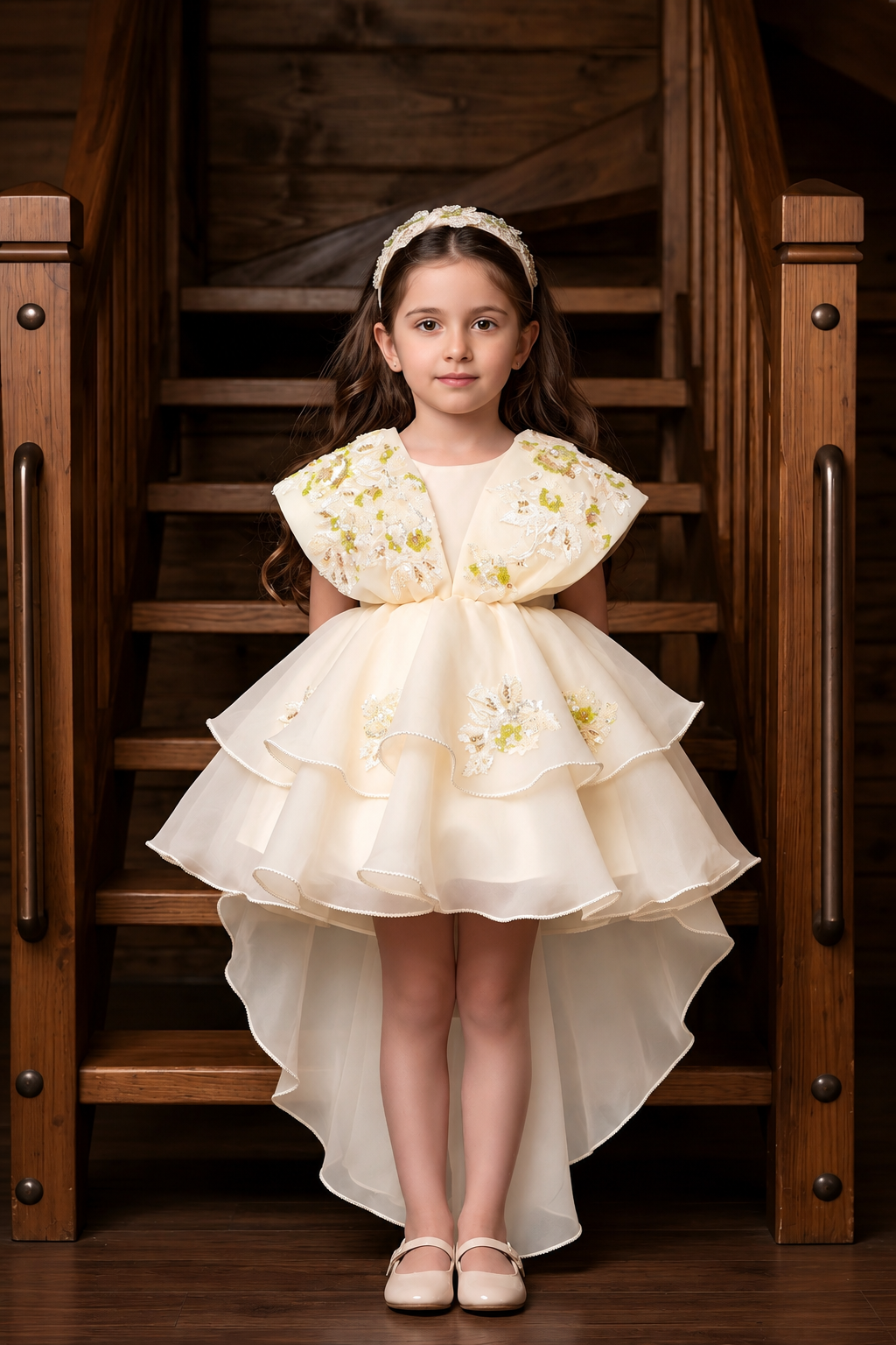 Ivory Floral Embroidered High-Low Party Frock for Girls - Mokshaa