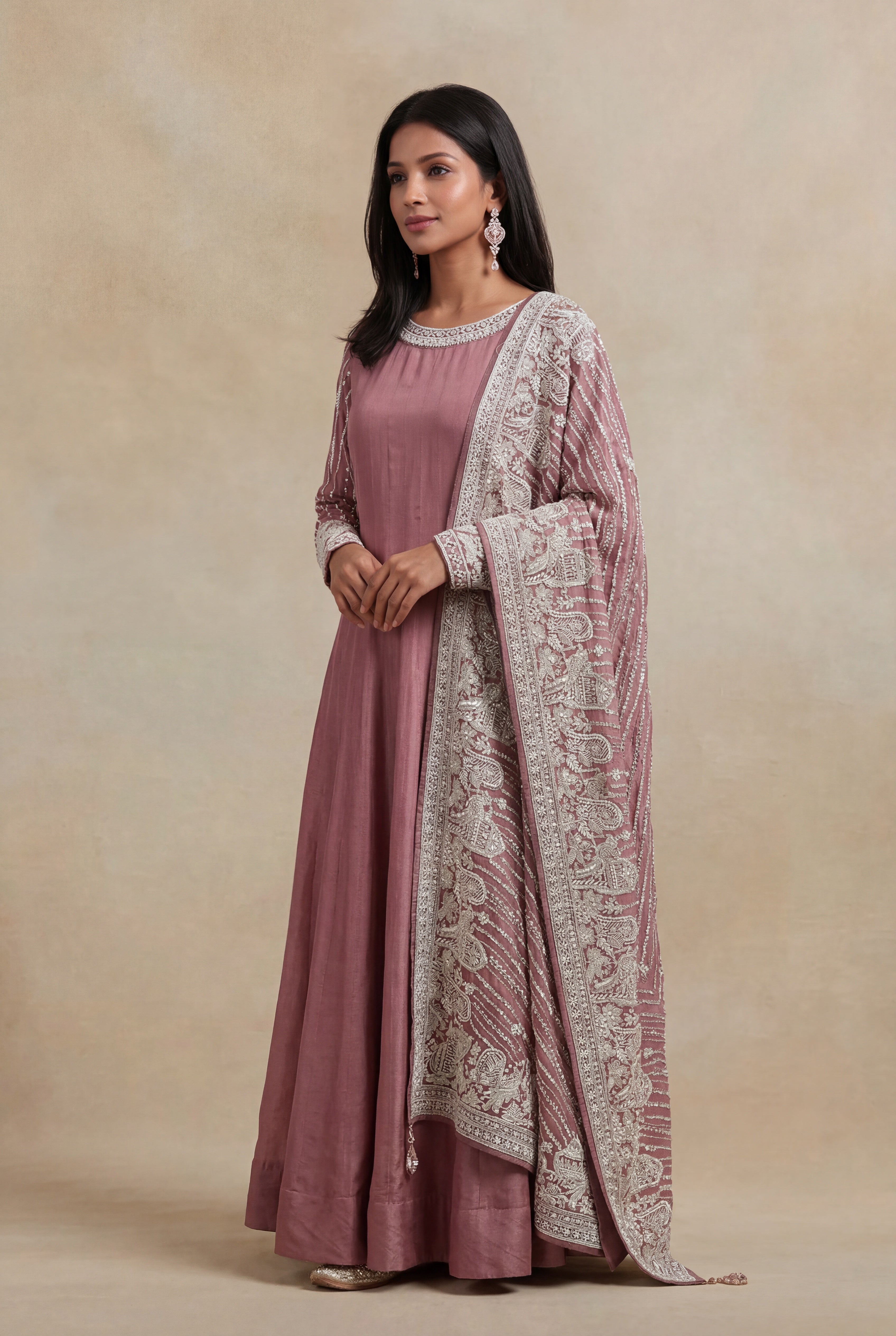 Dark Peach Grape Fabric Embroidered Anarkali Suit
