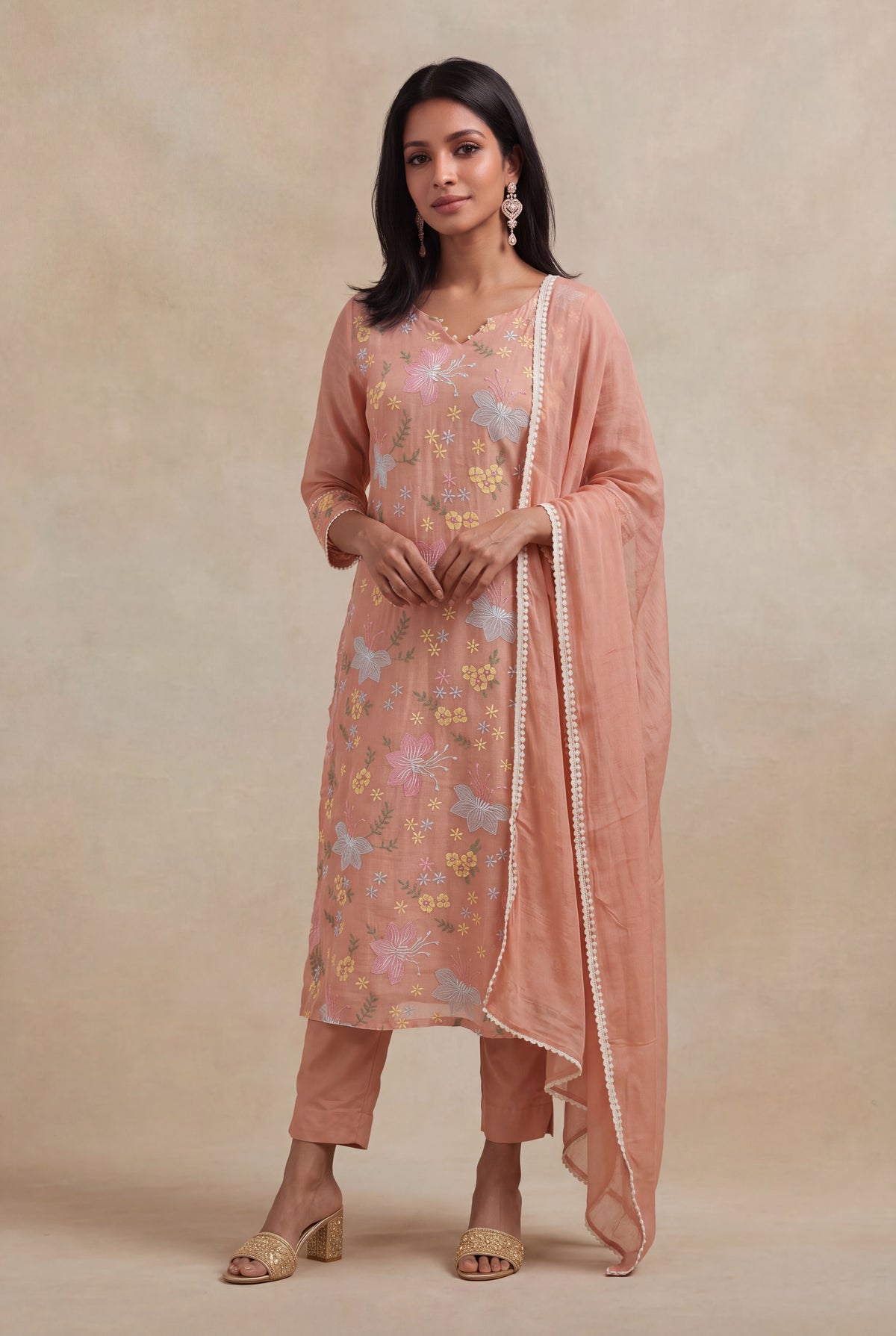 Peach Mul Cotton Embroidered Kurti Set - Mokshaa