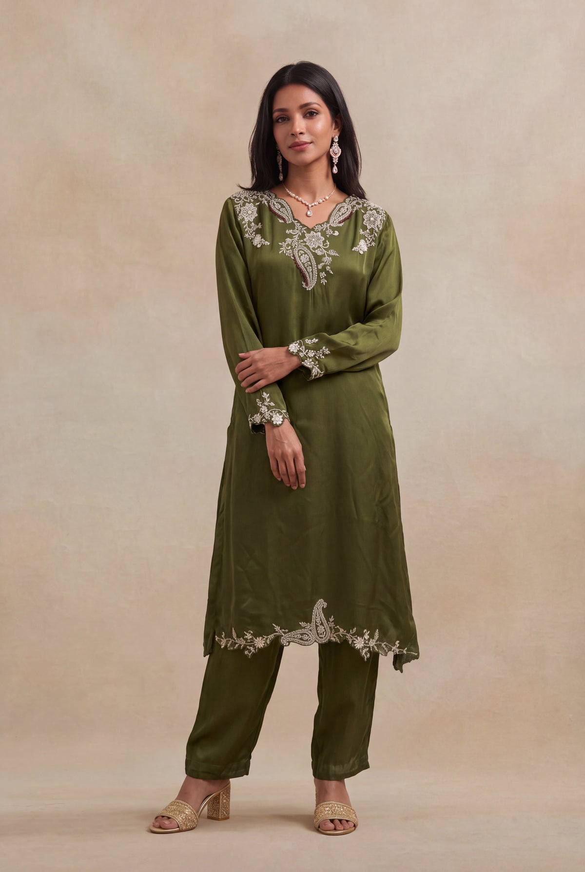 Olive Green Satin Silk Indo-Western Set with Zardozi Work - Mokshaa