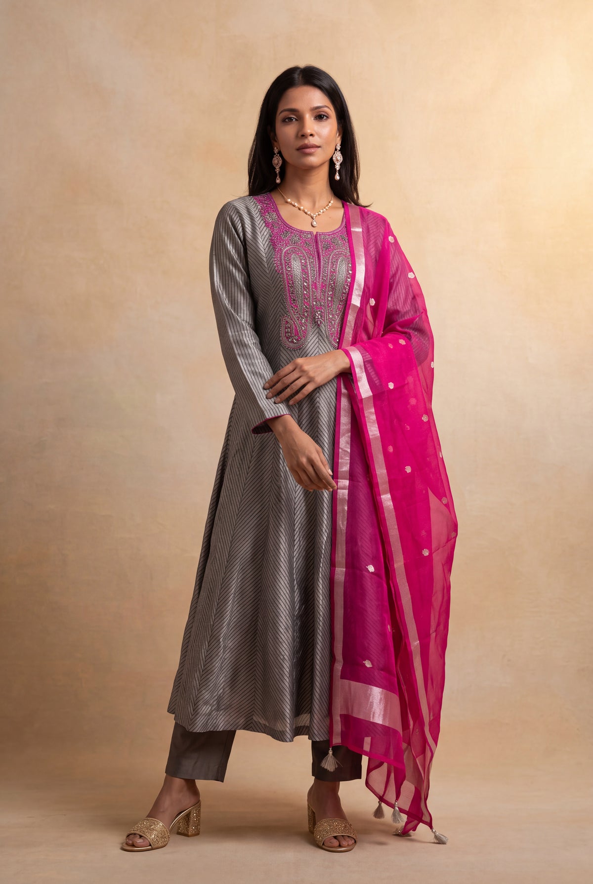 Grey Silk Anarkali Set - Mokshaa