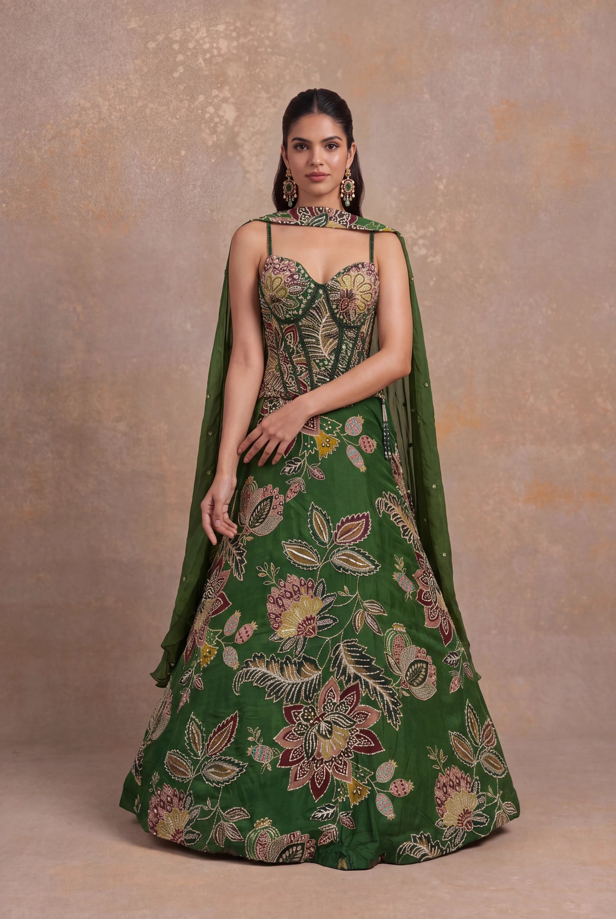 Forest Green Organza Floral Embroidered Corset Lehenga - Mokshaa