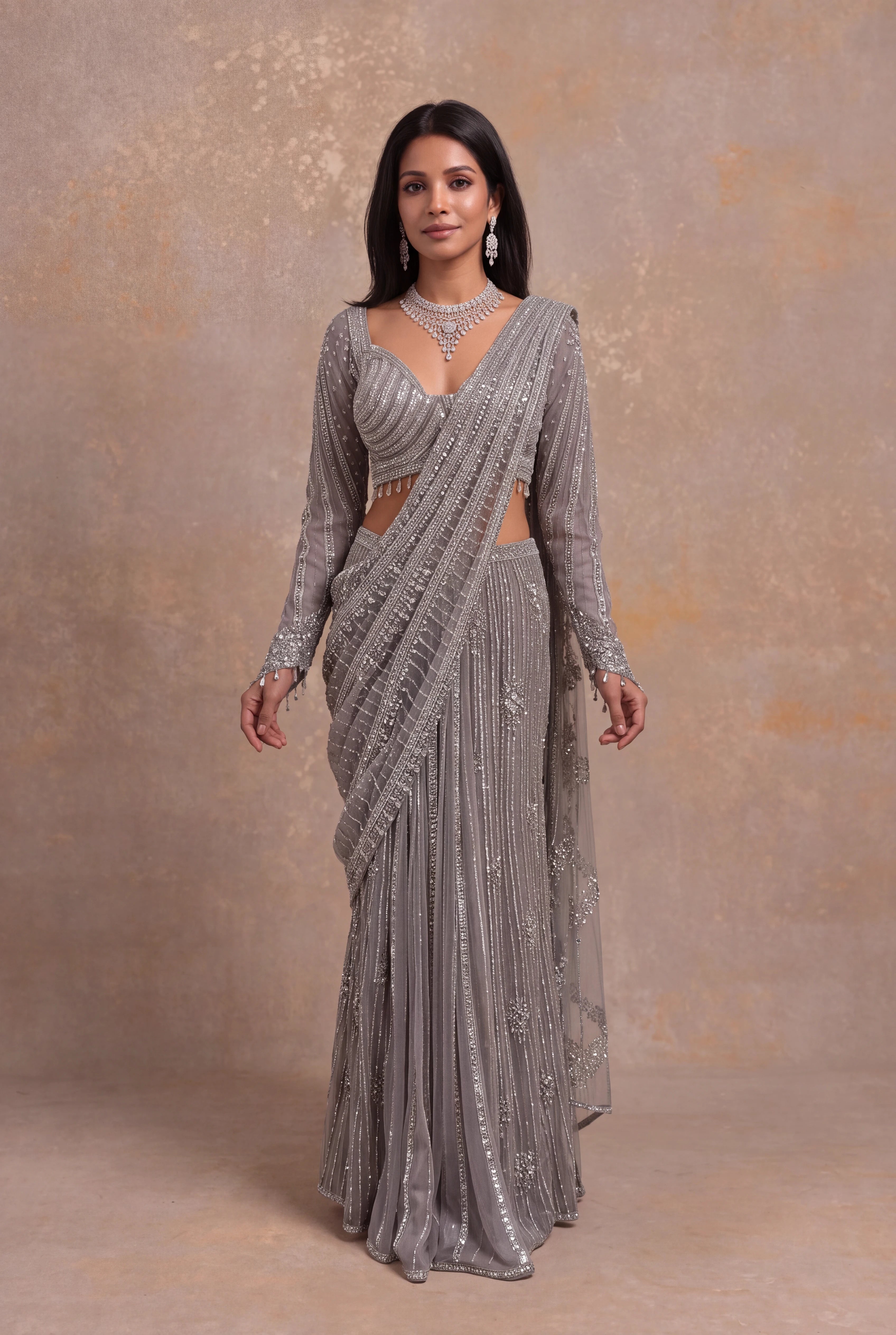 Grey Net Drape Saree with Stone Embroidery