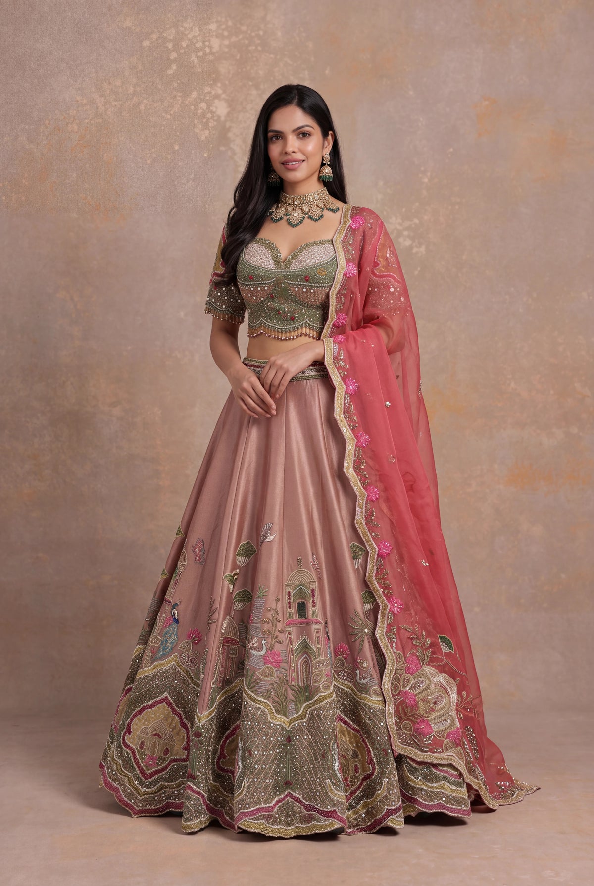 Dusty Rose Tissue Lehenga Set with Velvet Applique - Mokshaa