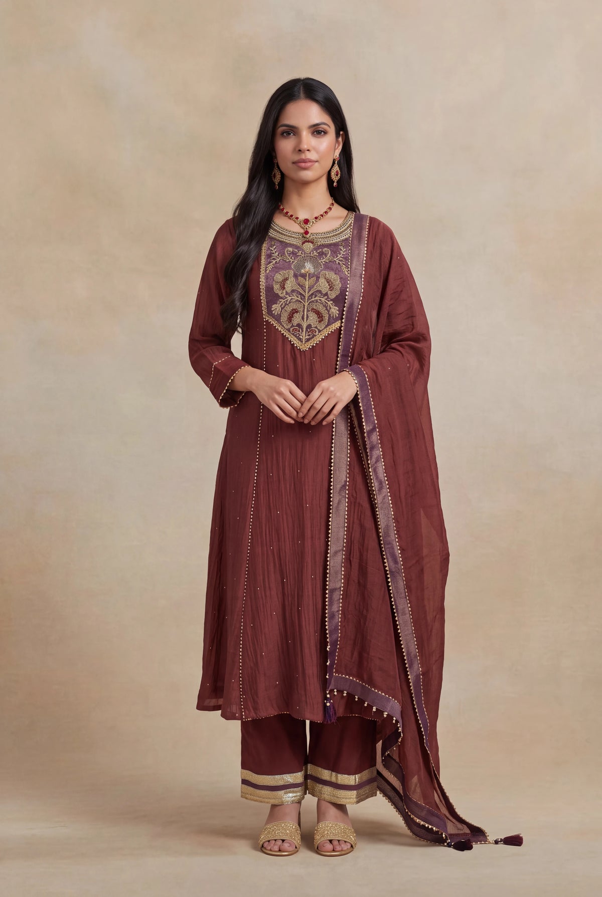 Wine Mul Cotton Zardosi A-Line Salwar Set - Mokshaa
