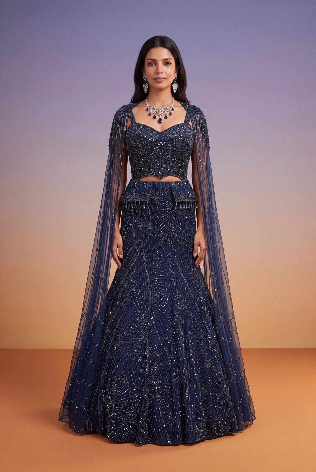 Navy Blue Embellished Fish-Cut Gown with Cape - Mokshaa