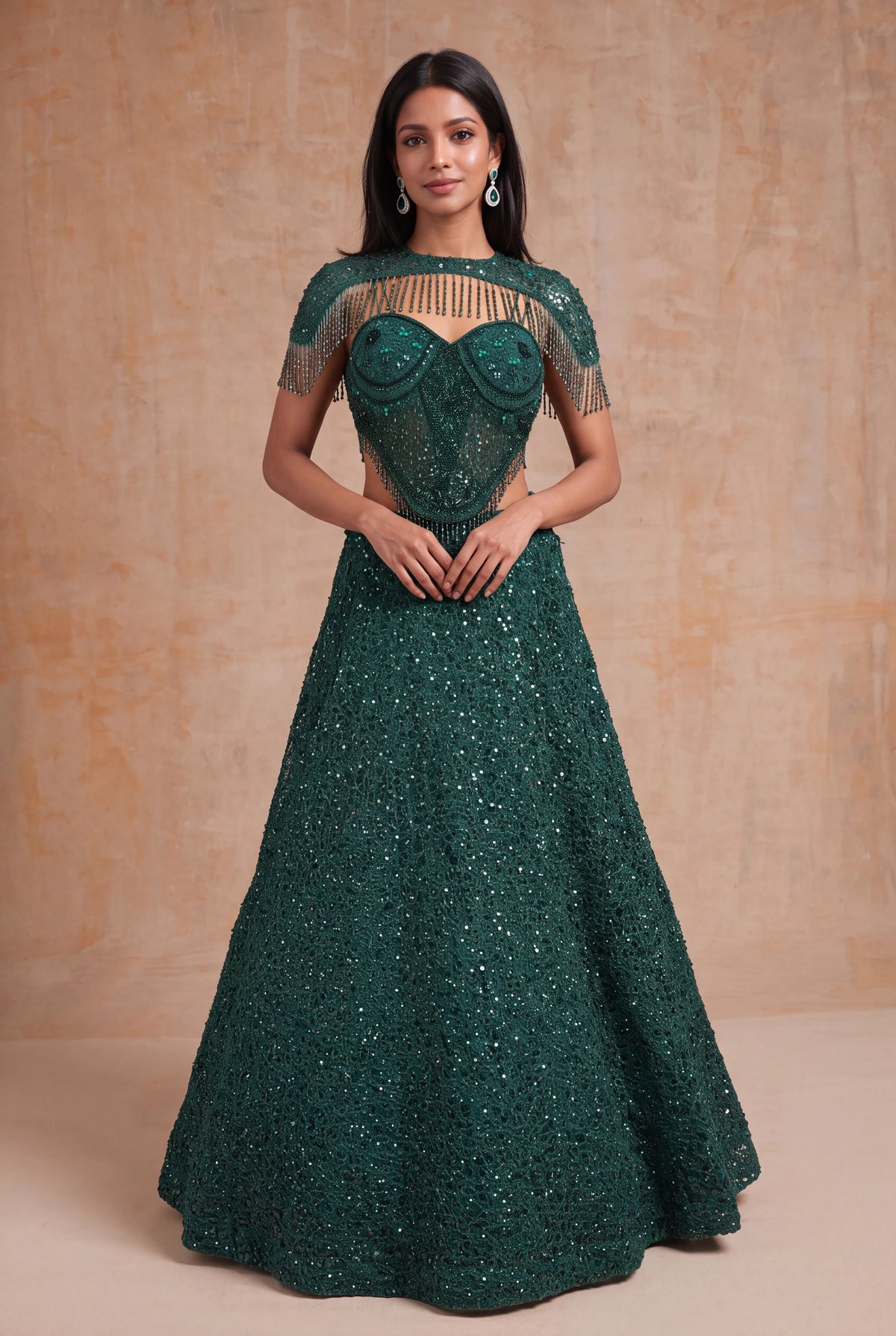 Emerald Green Indo-Western Net Lehenga - Mokshaa