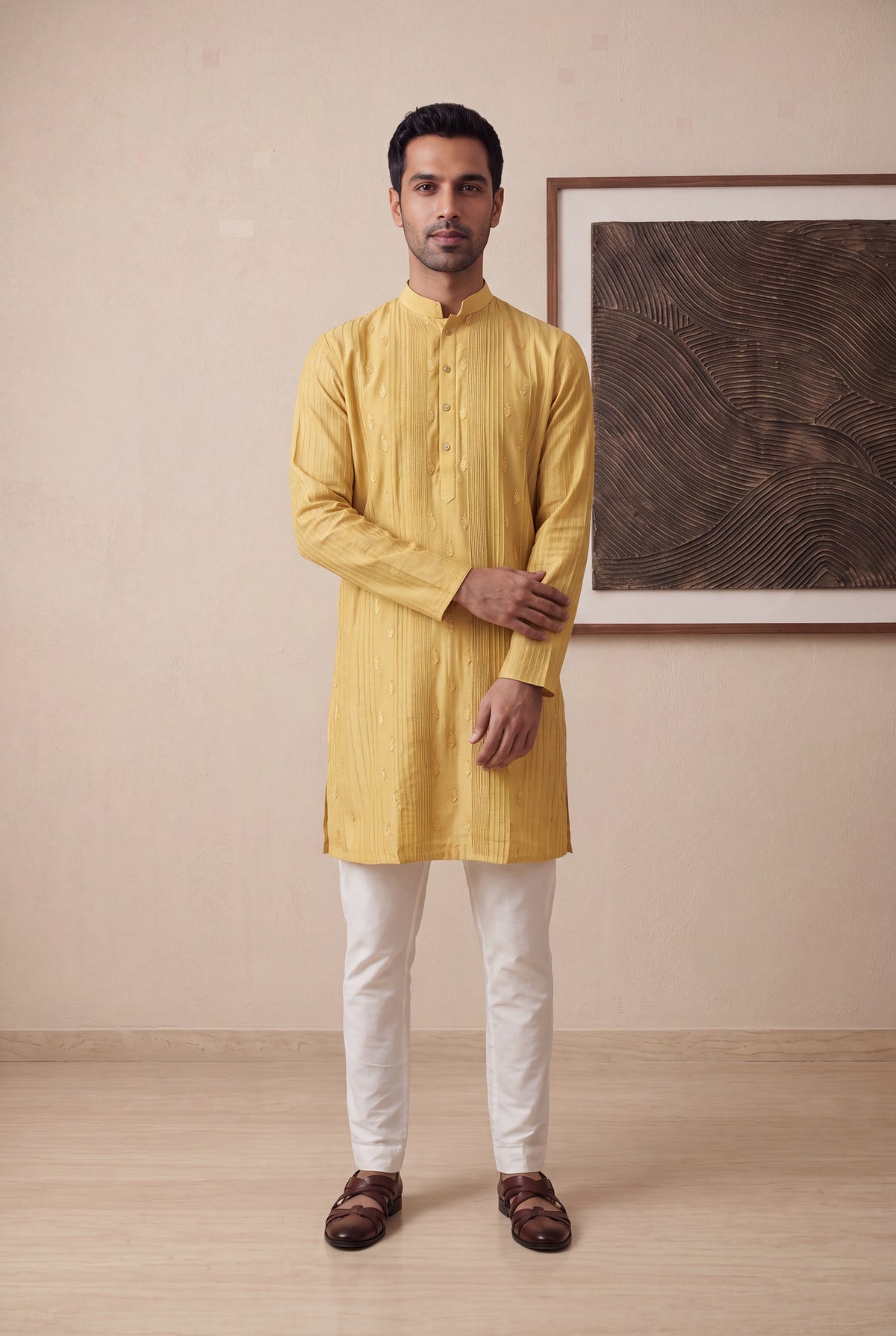 Mustard Yellow Silk Cotton Kurta Pant Set - Mokshaa