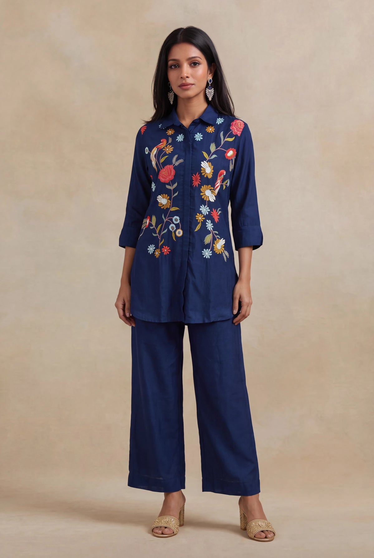 Navy Blue Silk Co-ord Set with Multicolour Embroidery - Mokshaa