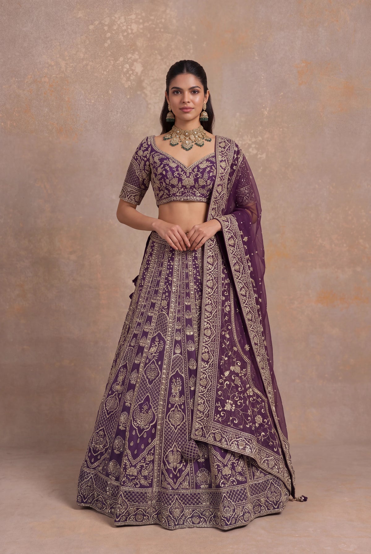 Plum Raw Silk Lehenga Set with Zardozi Embroidery - Mokshaa