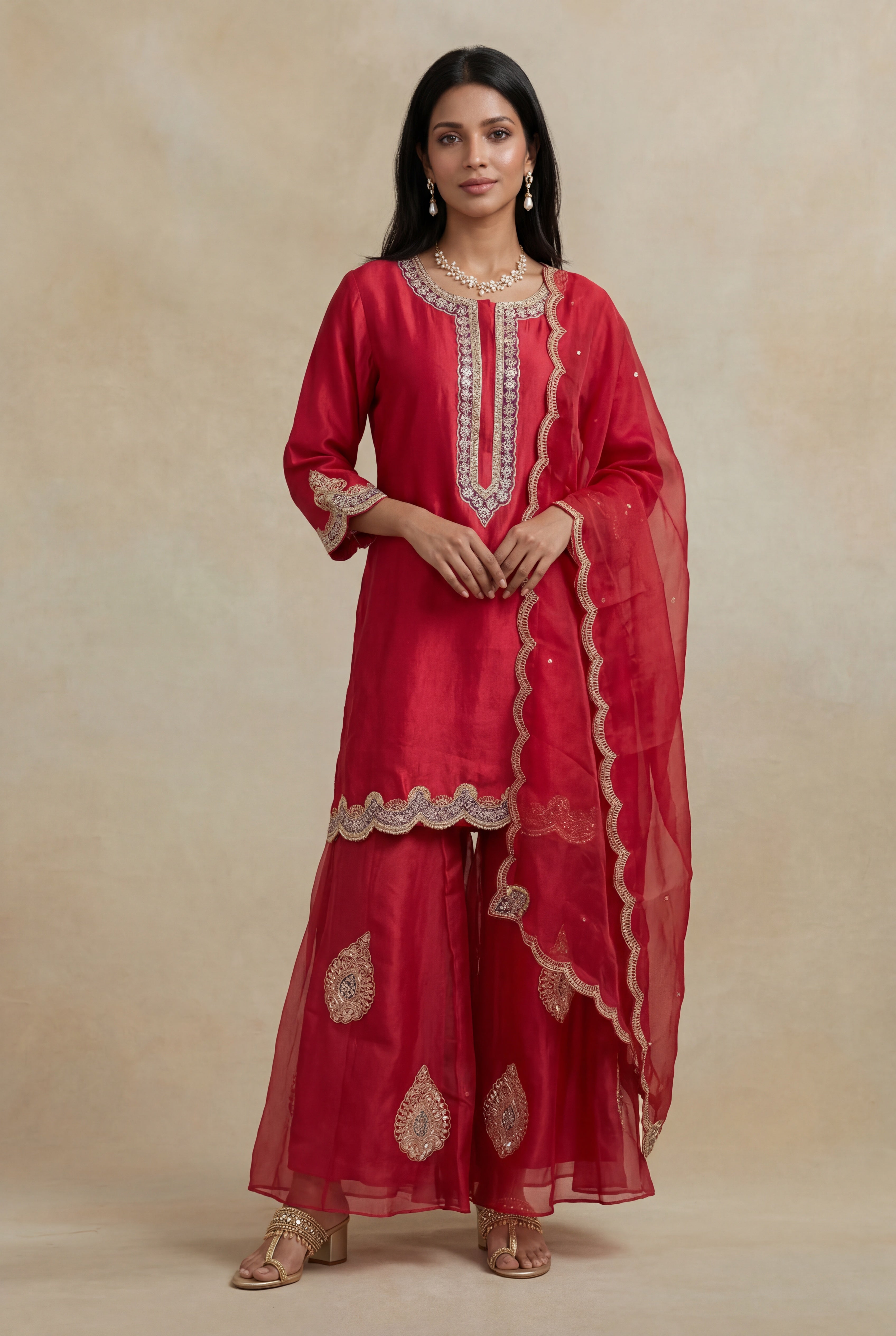 Ruby Red Silk Indo-Western Kurta Set