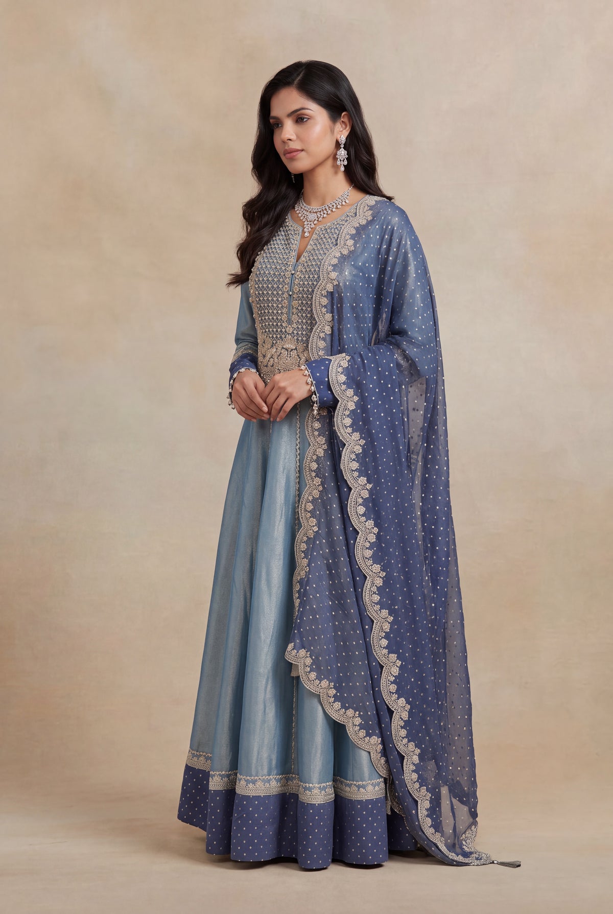 Blue Tissue Anarkali Set - Mokshaa