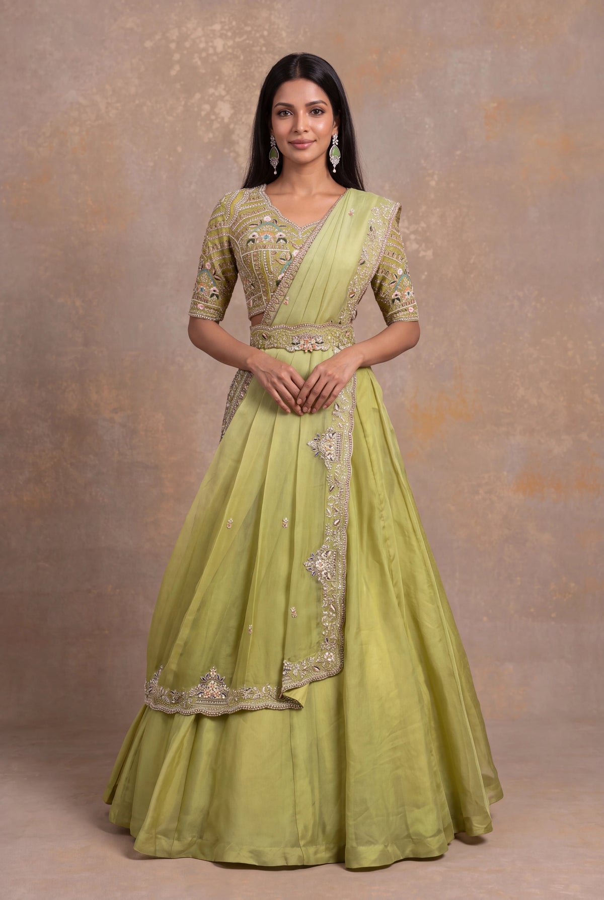 Pastel Green Organza Draped Lehenga - Mokshaa