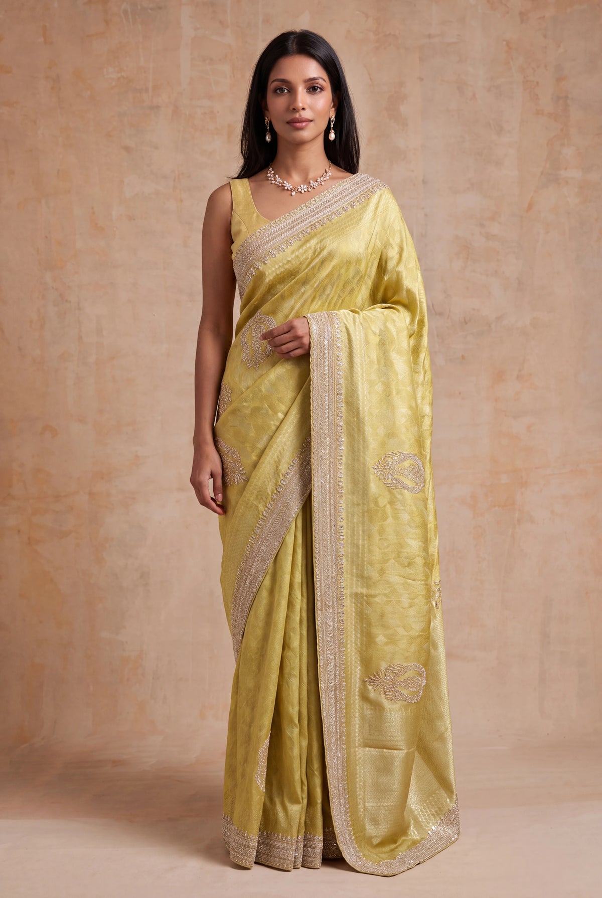 Lime Yellow Zari Weave Saree with Zardosi Work - Mokshaa