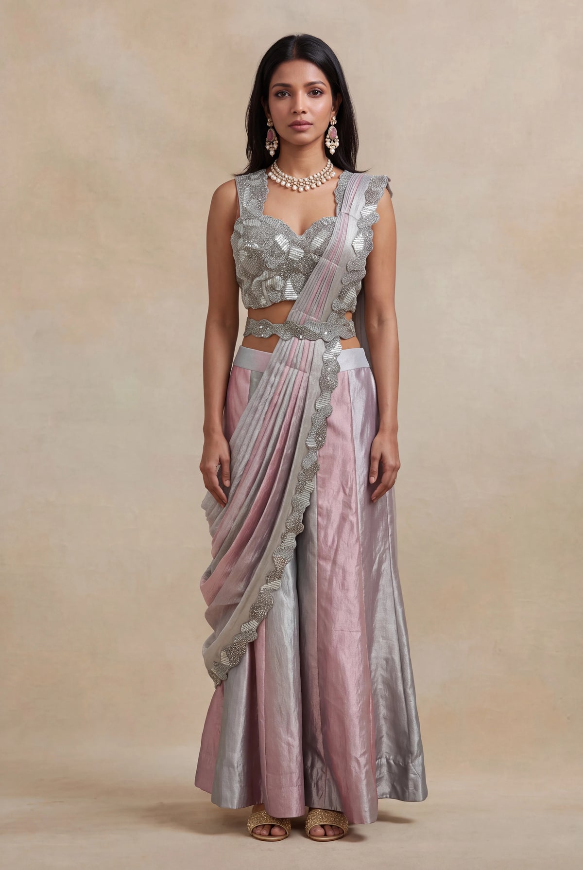 Pink & Silver Tissue Drape Saree - Mokshaa
