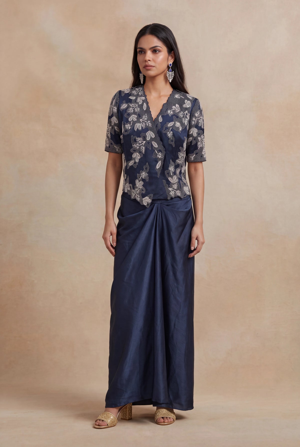 Navy Blue Satin Silk Indo-Western Set - Mokshaa