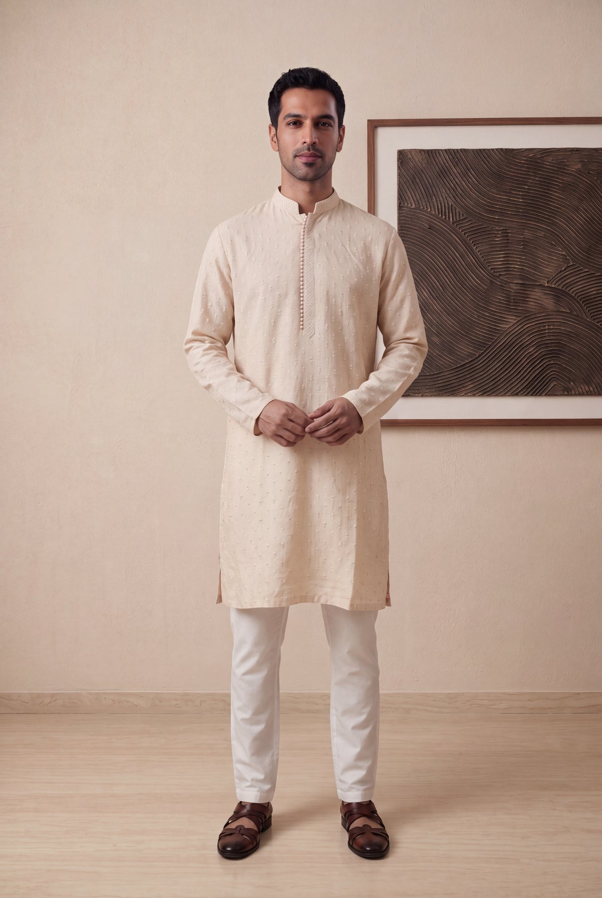 Peach Linen Kurta Pant Set - Mokshaa