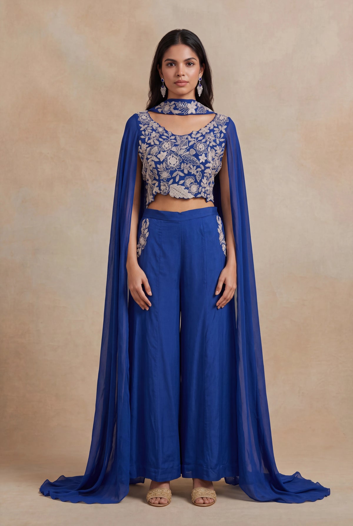 Royal Blue Chinon Georgette Indo-Western Set - Mokshaa
