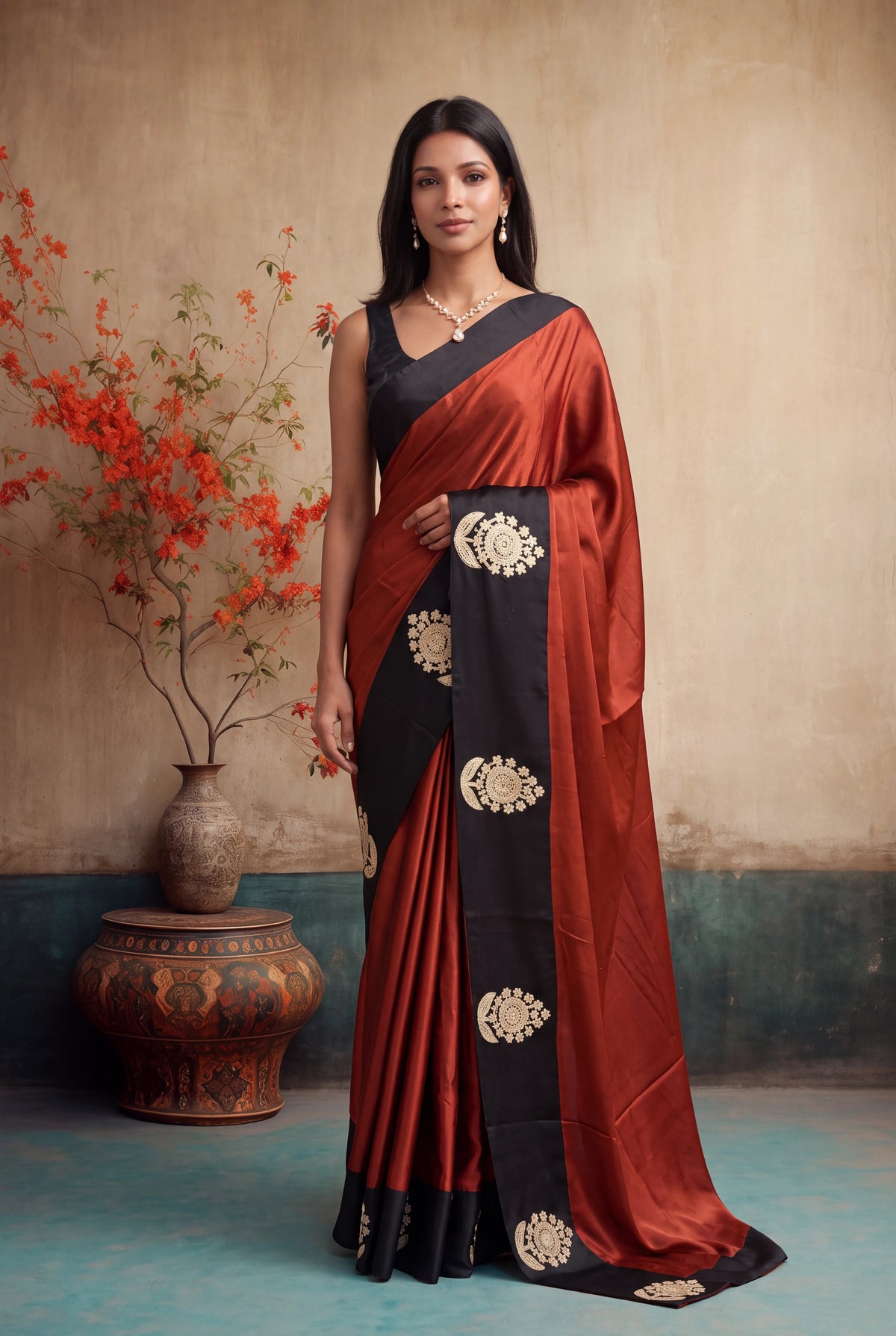 Rust Orange Crepe Silk Saree - Mokshaa