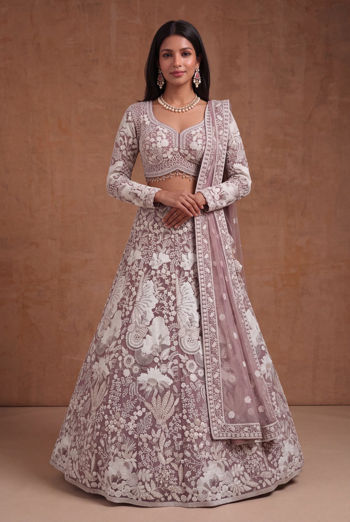 Dusty Mauve Net Lehenga - Mokshaa