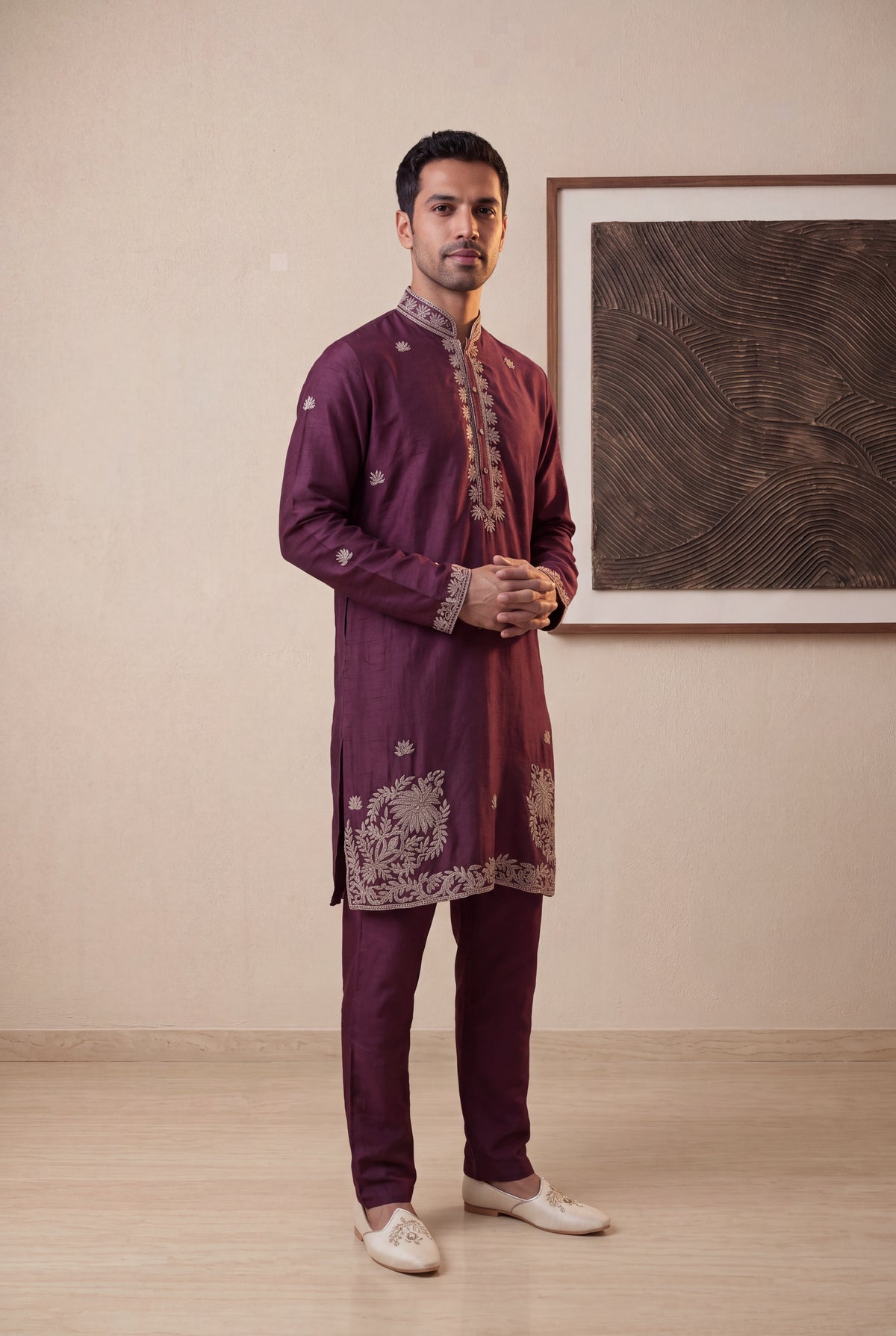 Wine Raw Silk Kurta Pant Set - Mokshaa