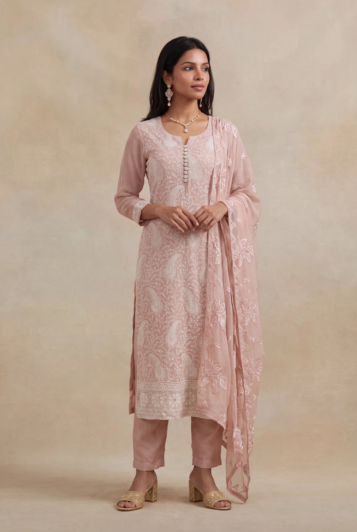 Blush Pink Georgette Straight-Cut Salwar Suit - Mokshaa